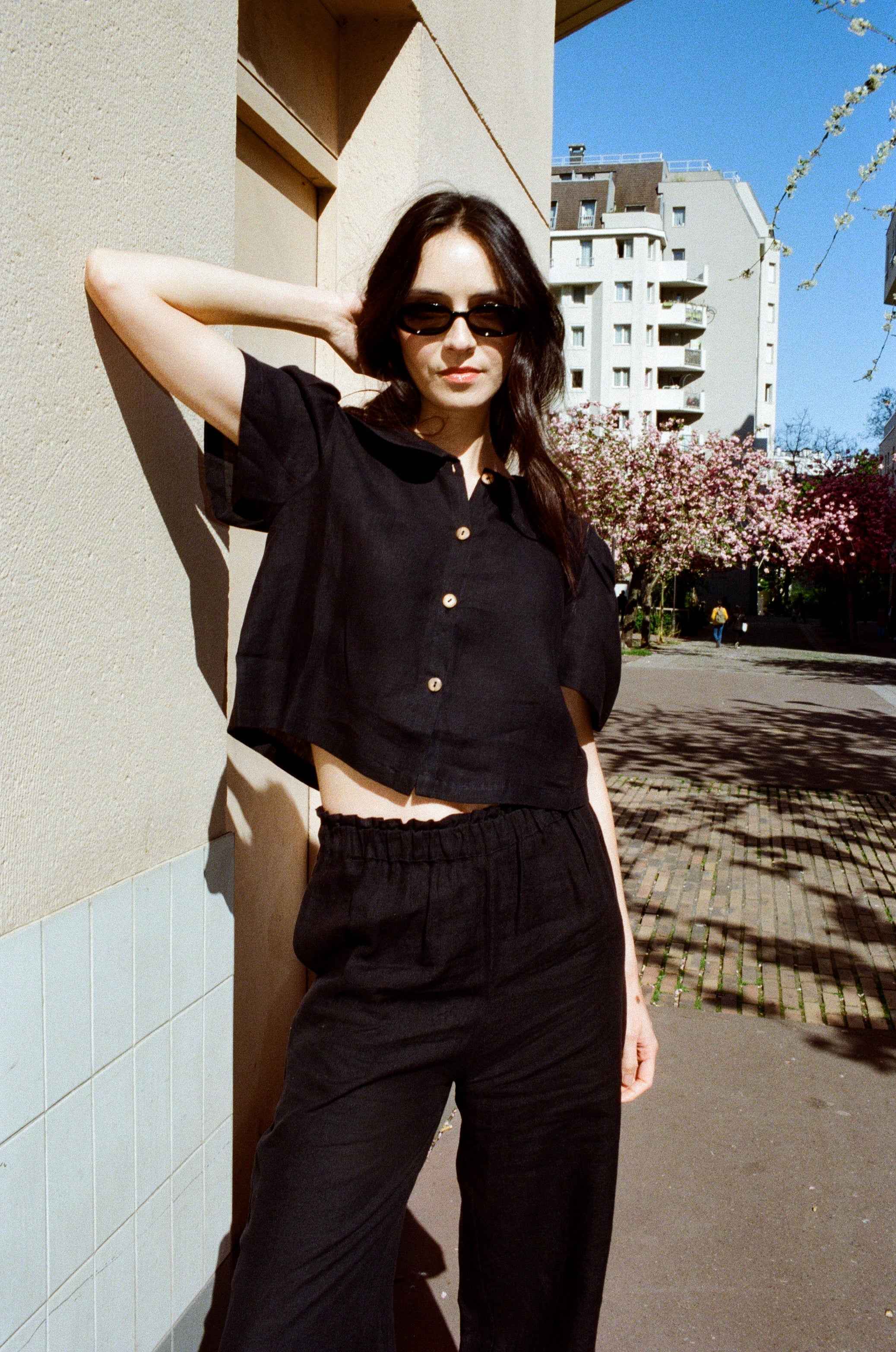 Frances Linen Cropped Blouse - Black