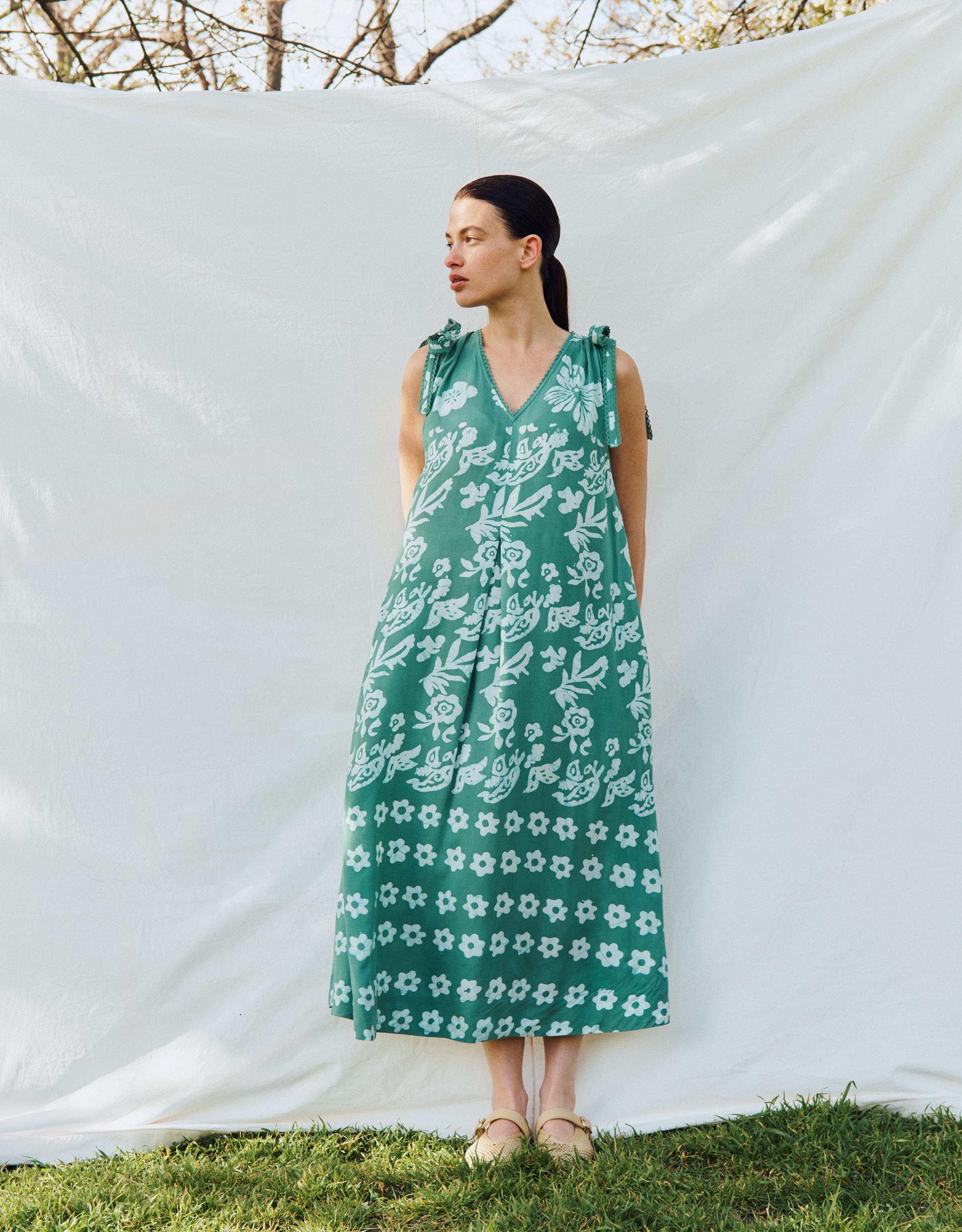 East Aggie Hand-Batik Floral Green Dress Green
