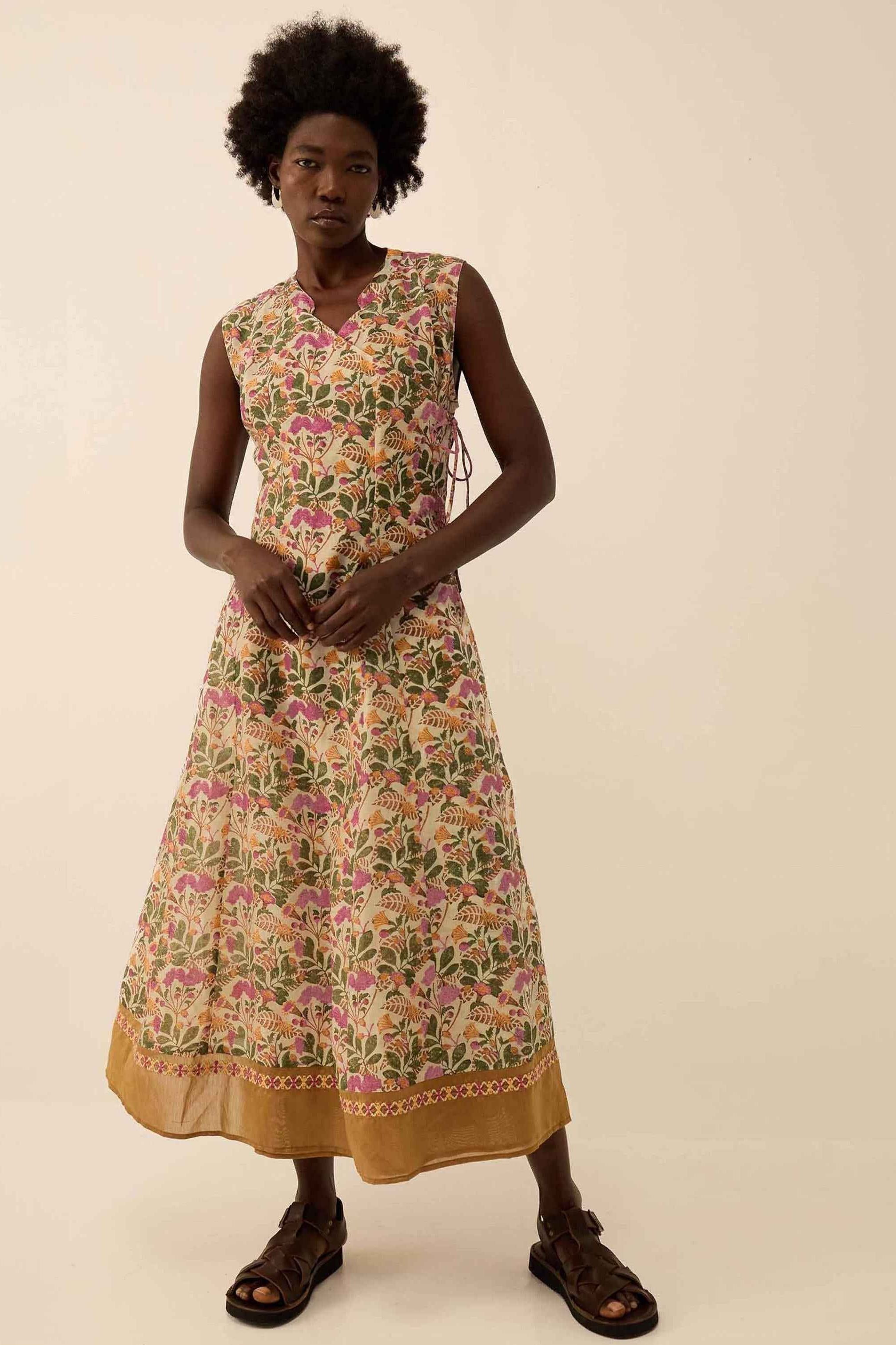 Aurelie Hand-Woodblock Botanical Print Dress Multi