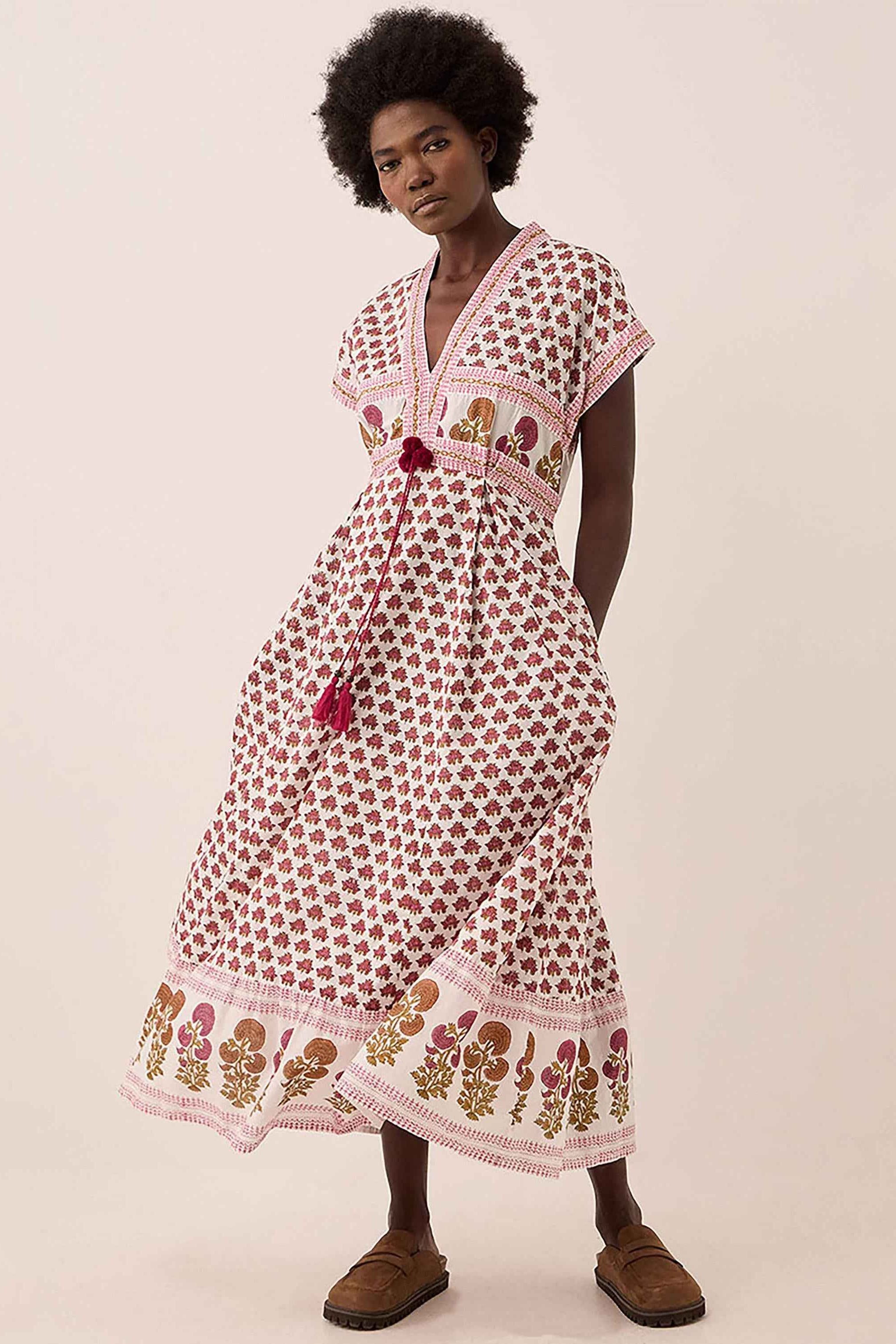 Karmen Hand Woodblock Cotton Dress Pink