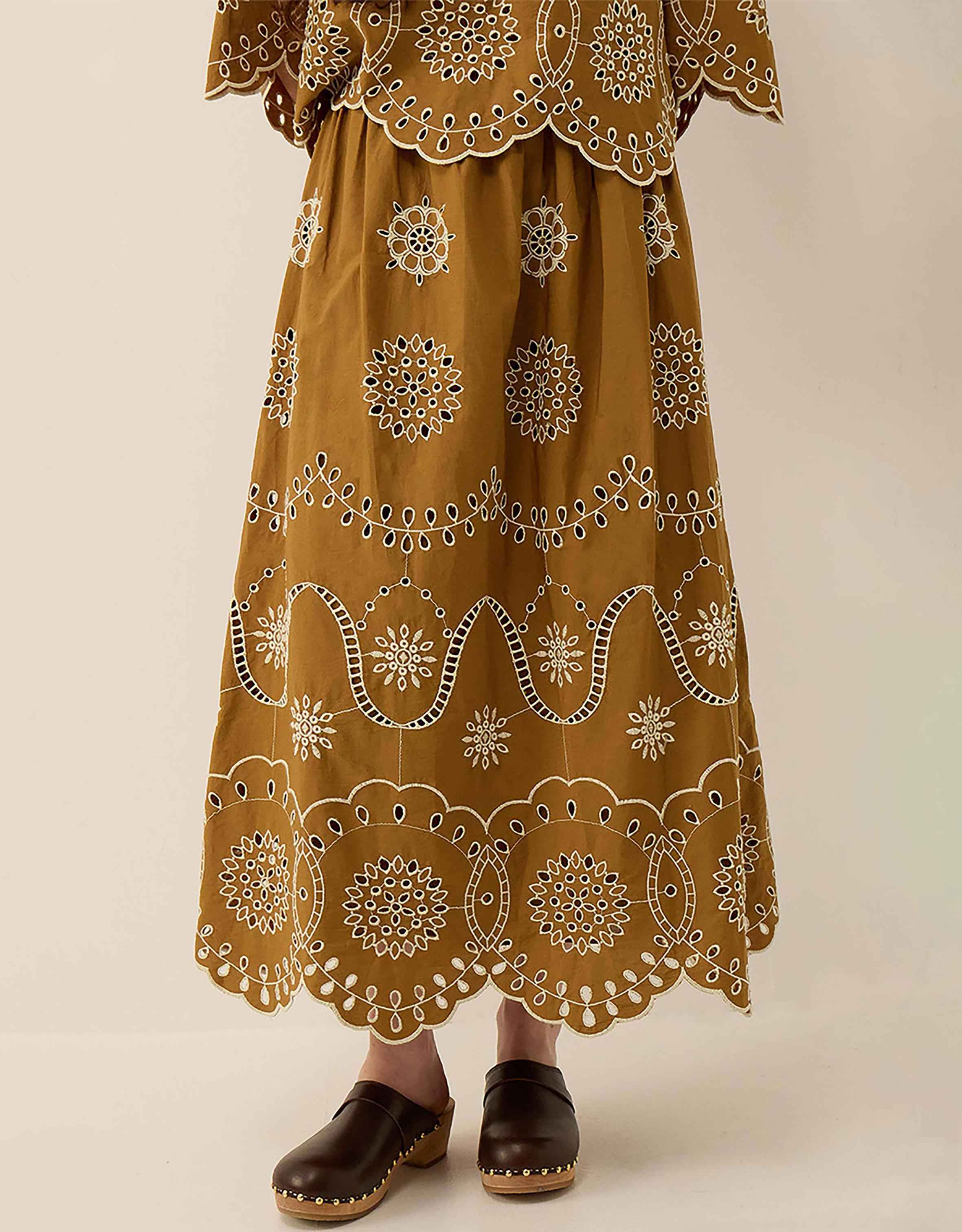 Leni Floral Broderie Cotton Poplin Skirt Green