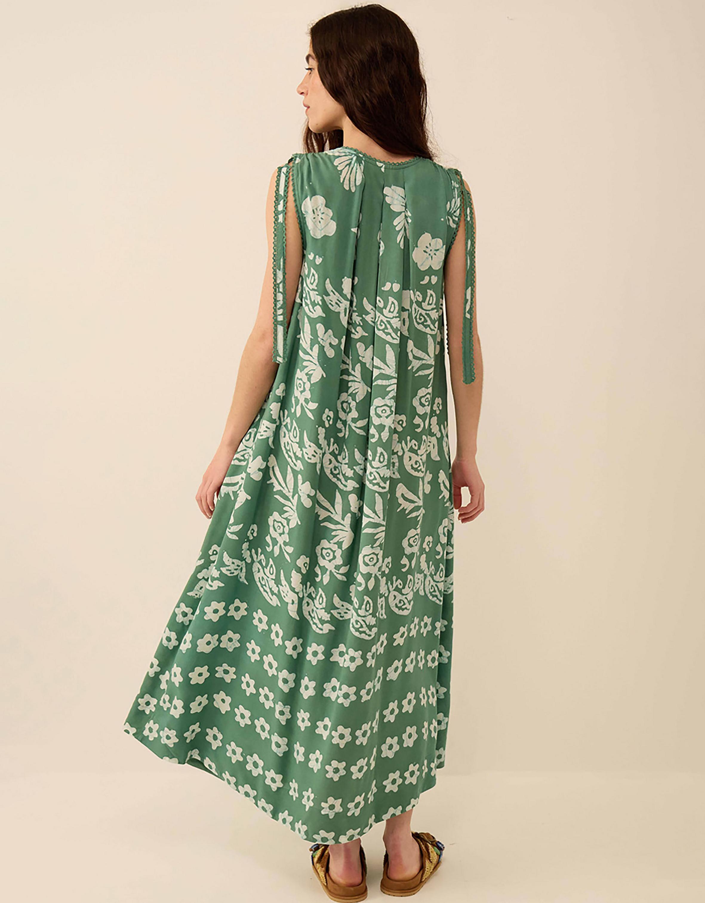 East Aggie Hand-Batik Floral Green Dress Green