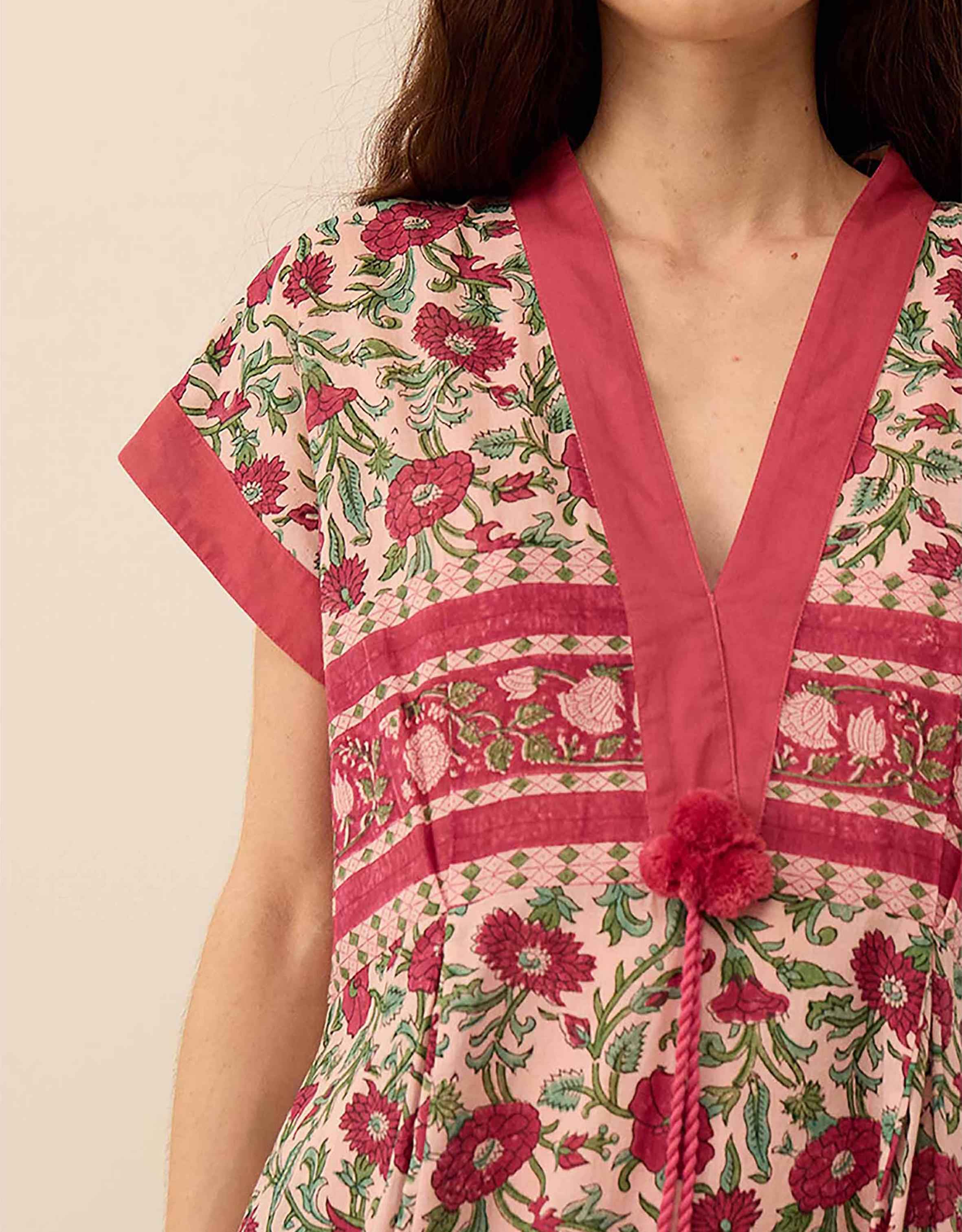 East Lessi Hand-Woodblock Border Print Dress Red