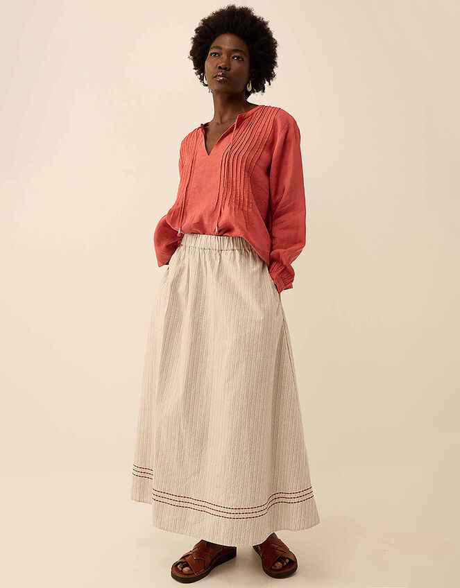 Zoe Yarn-dyed Textured Cotton Pinstripe Skirt Ivory