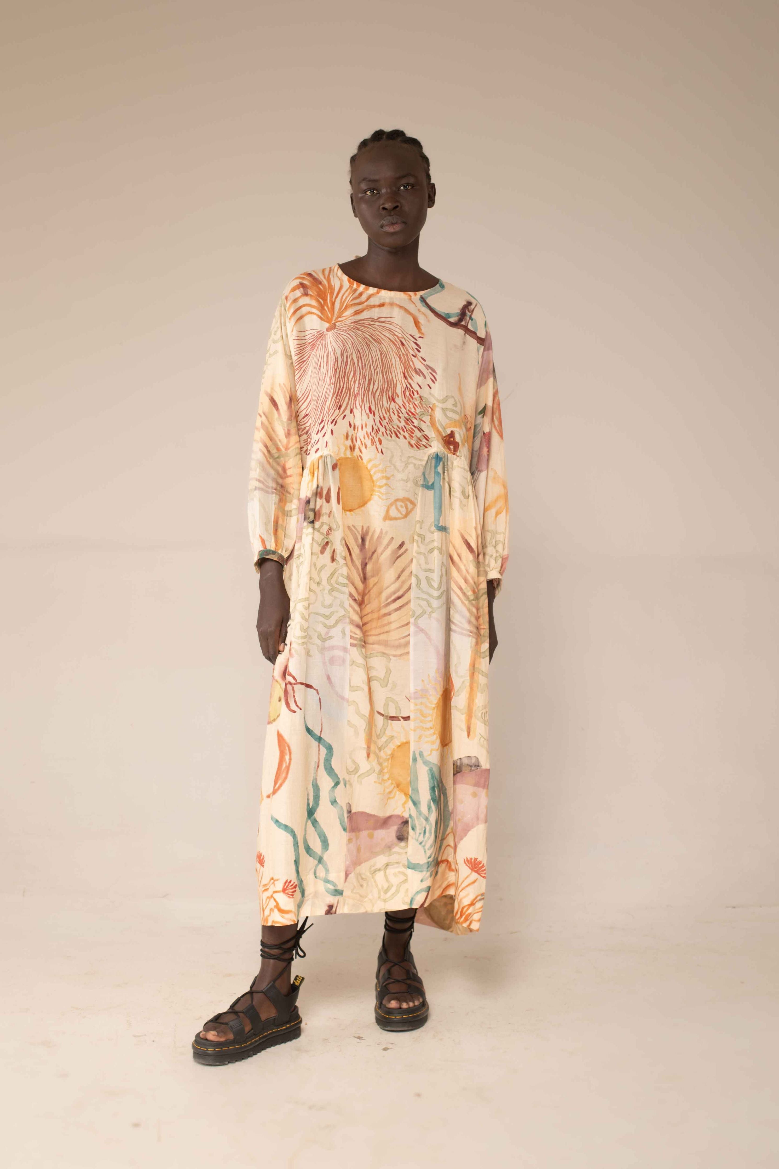 Balloon dress in Rain Collector print by Hamaji Studio - front view showing voluminous free-size silhouette and full bell sleeves