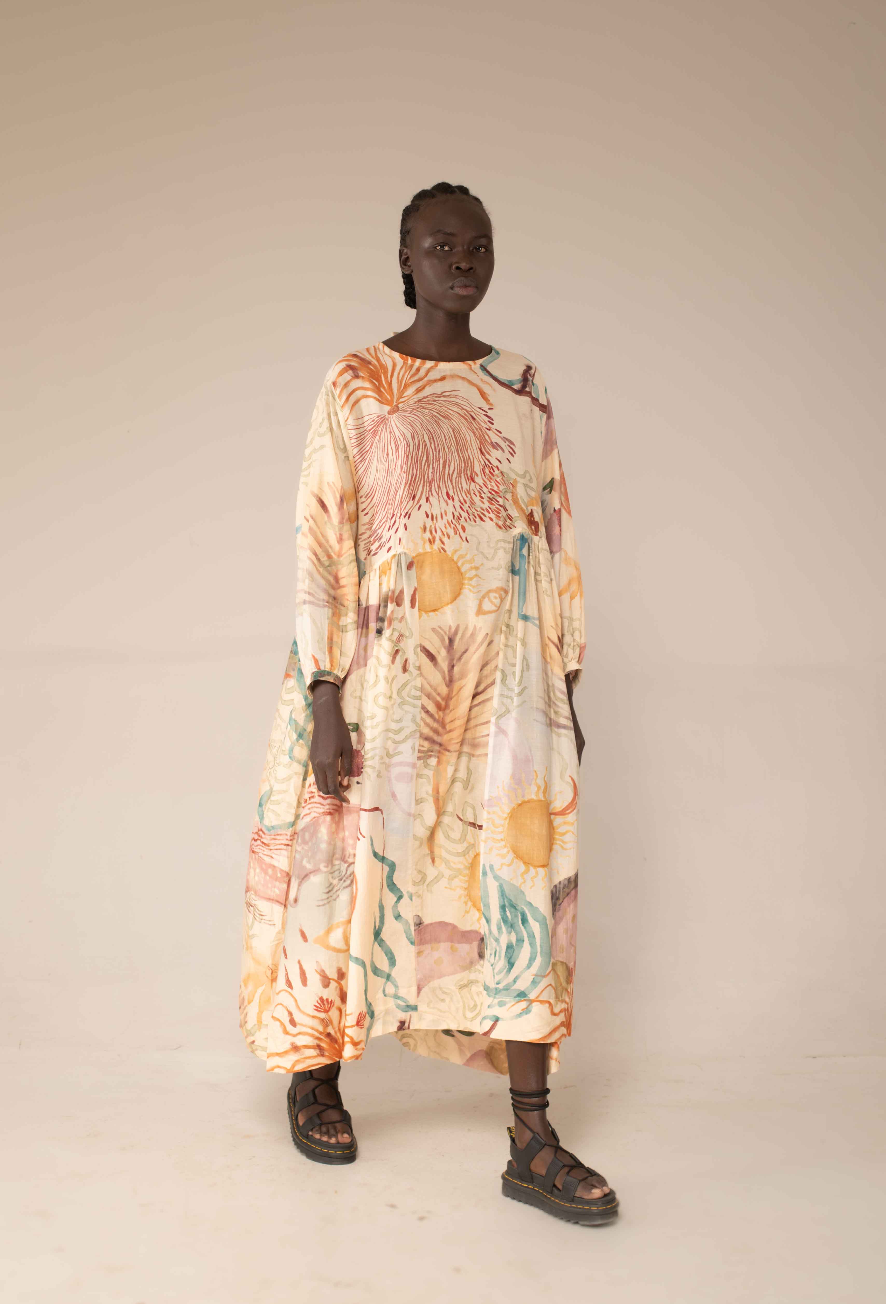 Balloon dress in Rain Collector print by Hamaji Studio - close-up of the gathered waist seam and tie-back detail