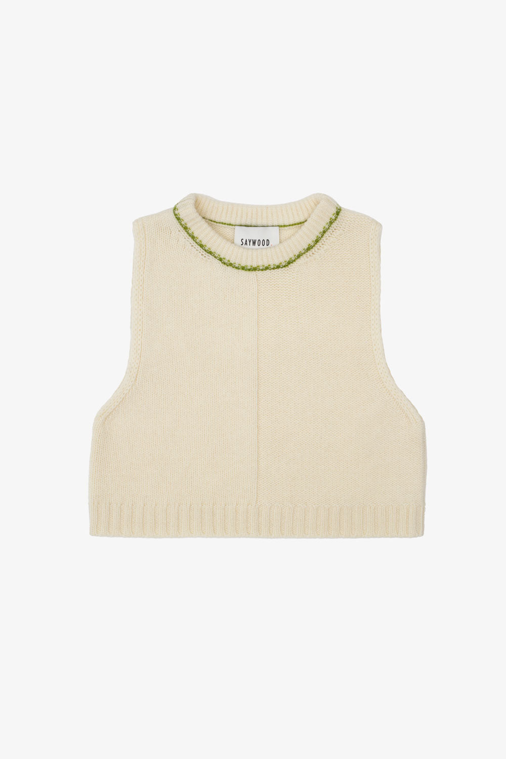 Ivory cream sleeveless lambswool knitted vest with green trim on a white background. Saywood’s Ada Sweater Vest, made in the UK with Scottish spun yarn.