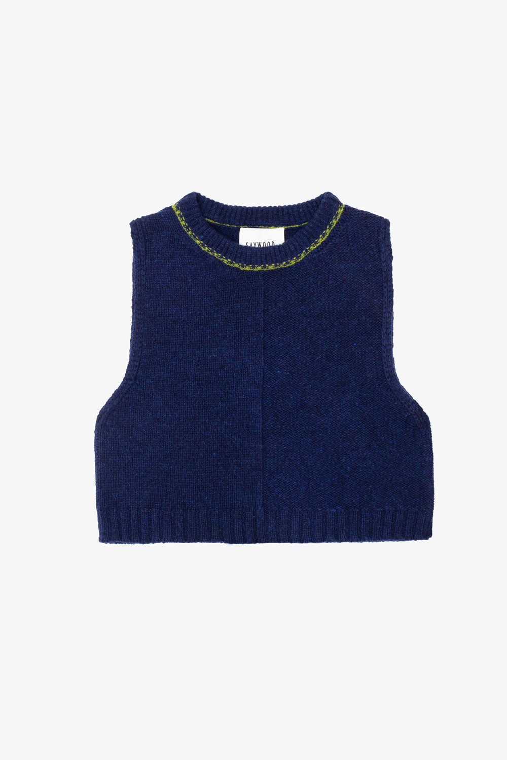 Navy blue lambswool knitted vest on a white background. Saywood’s Ada Sweater Vest, made in the UK with Scottish spun yarn.