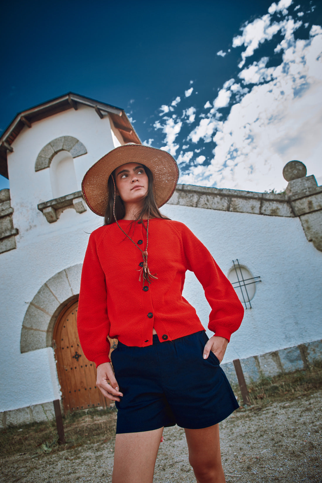 GABY Balloon-Sleeve Cardigan in Organic Cotton - Red