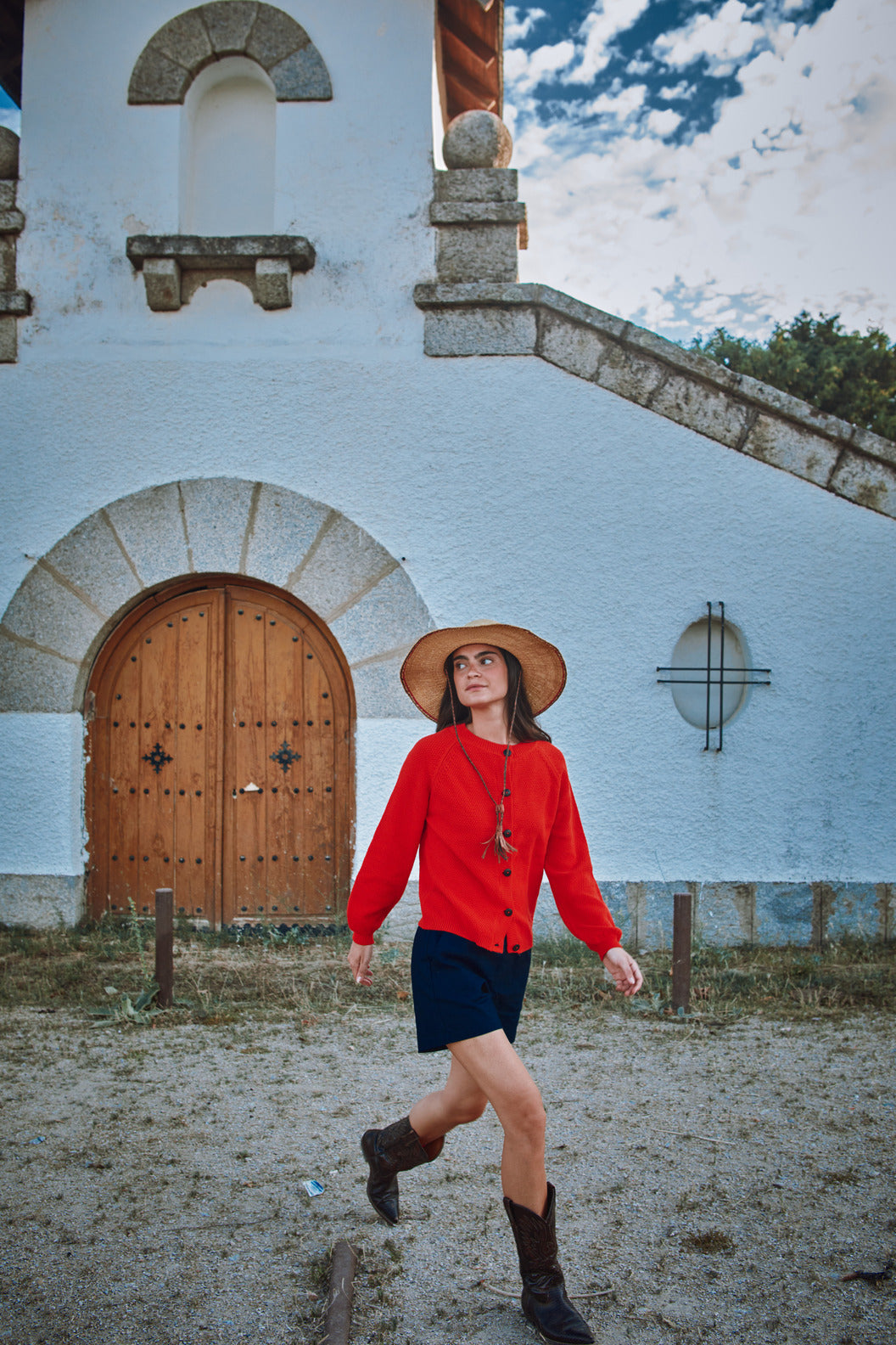 GABY Balloon-Sleeve Cardigan in Organic Cotton - Red