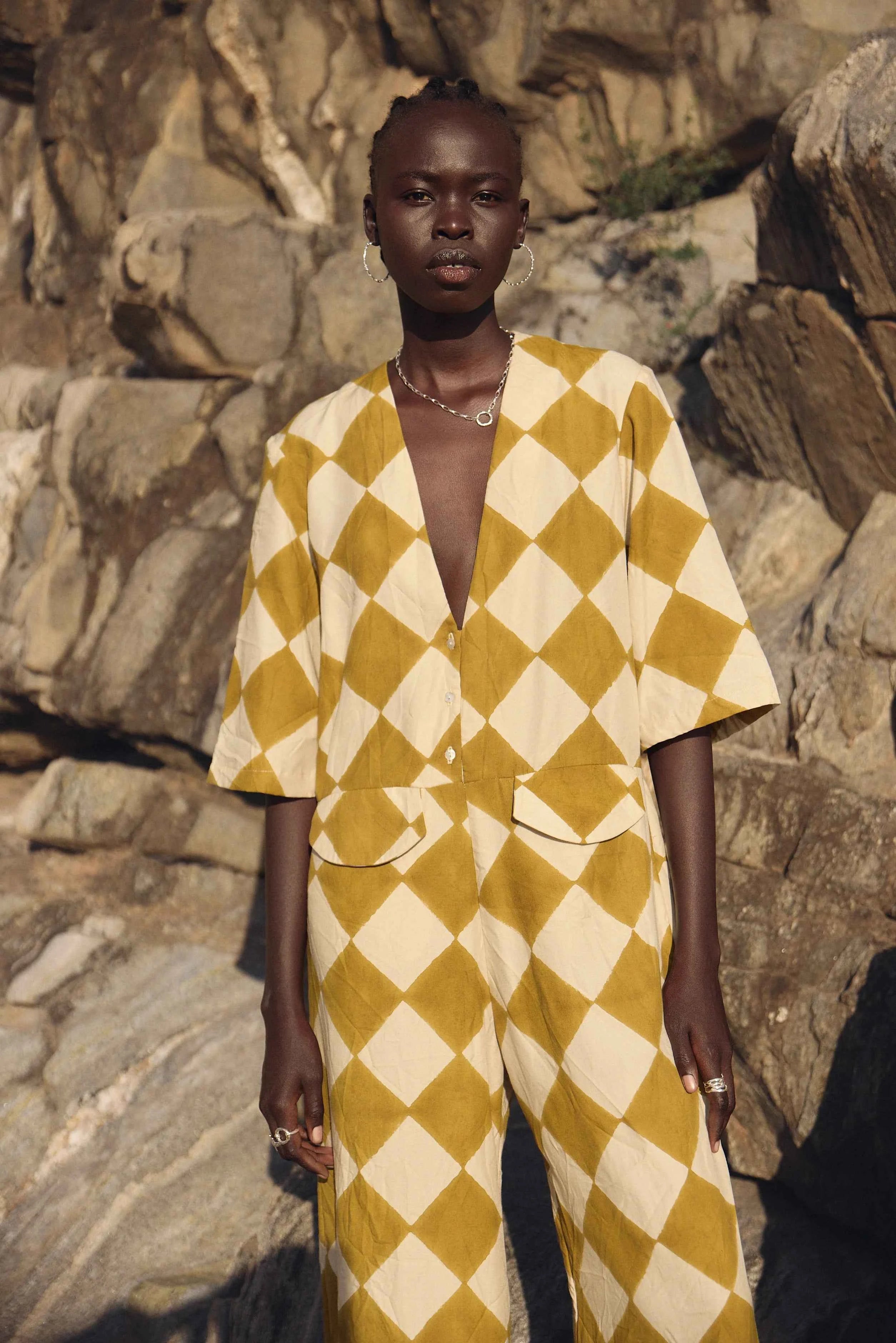 Block Print Jumpsuit Mustard Diamond