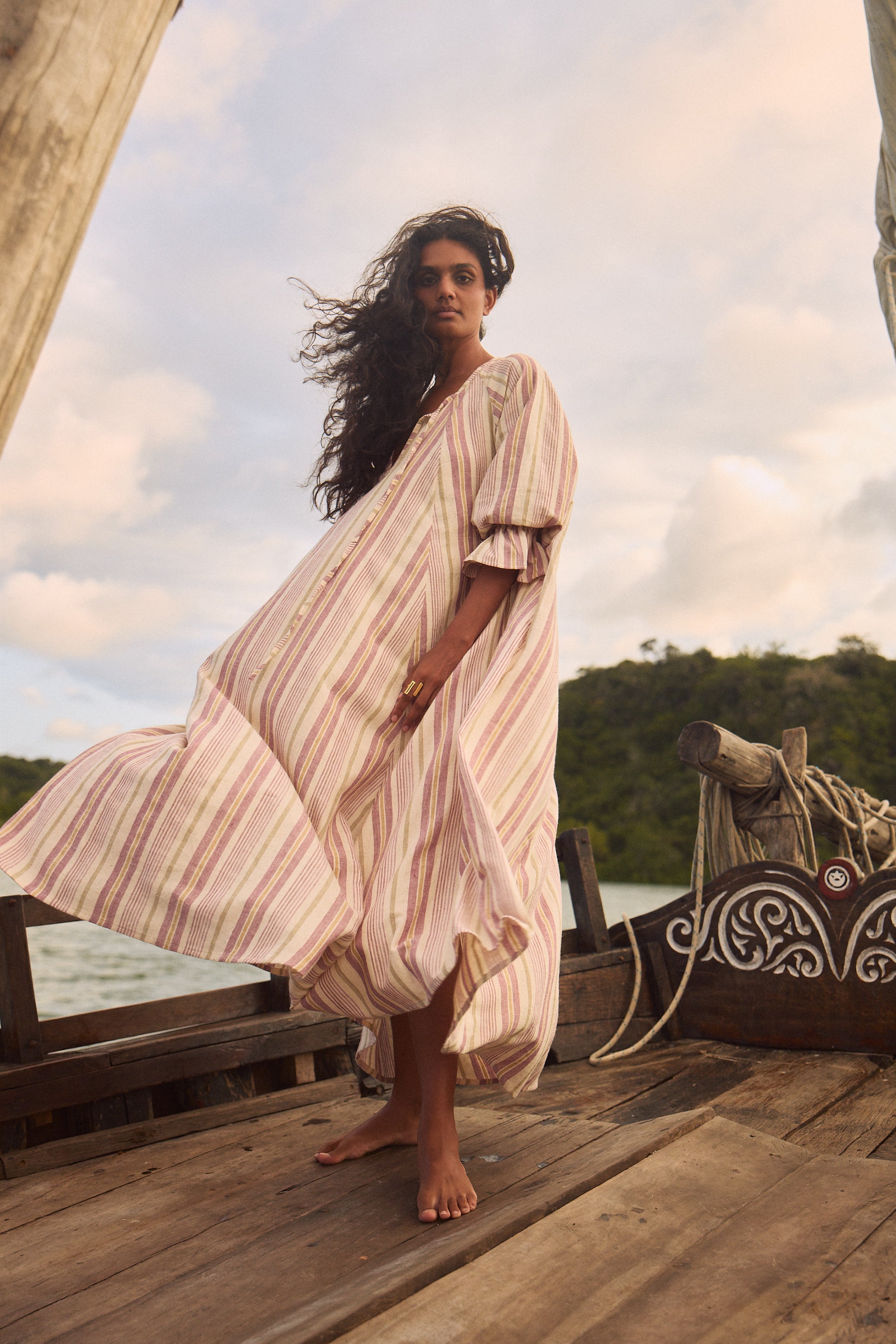 Sarabi Maxi Dress in Sisal Stripe by Hamaji Studio — front view, organic handloom khadi cotton