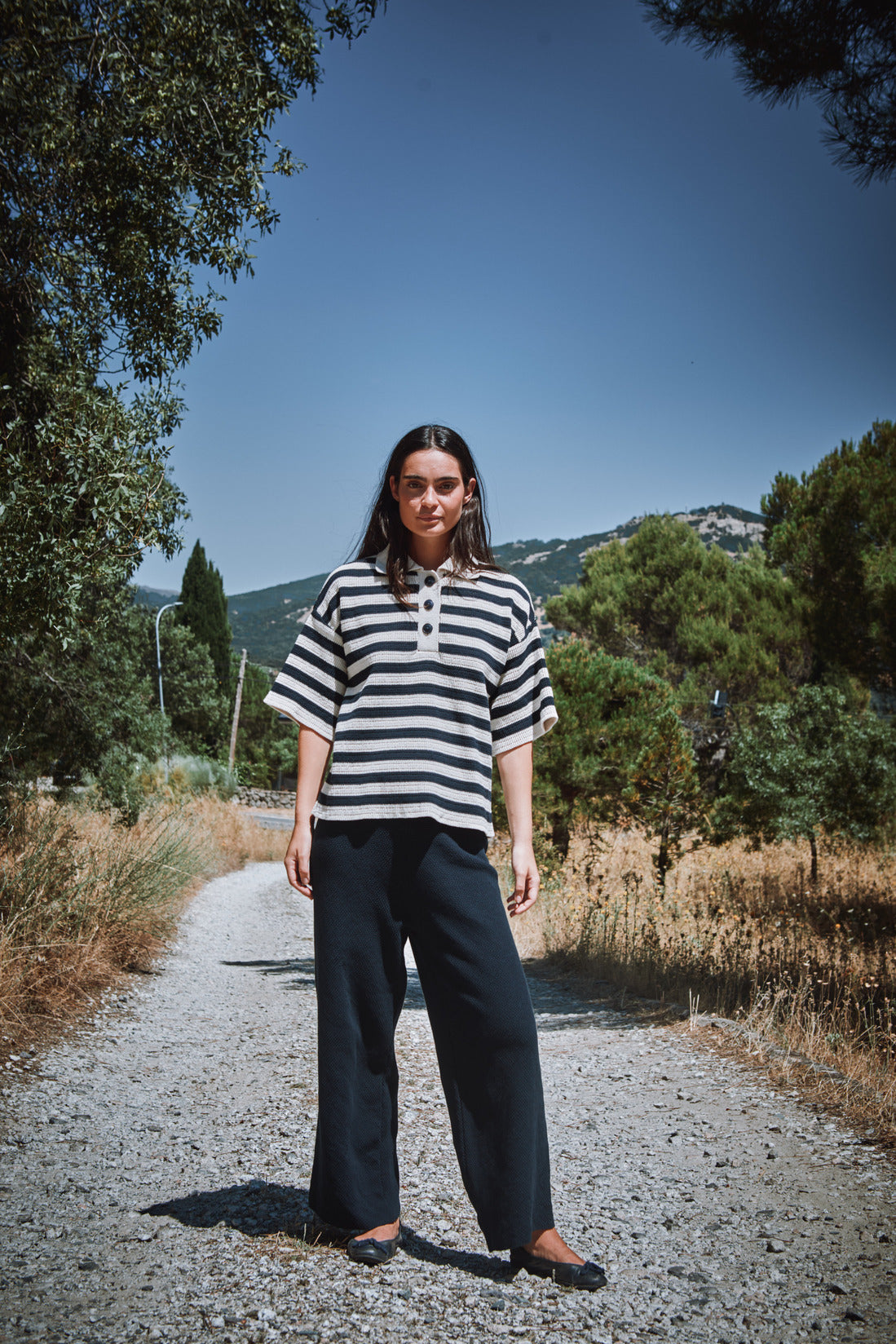 LILI Oversize Polo Shirt in Organic Cotton - Navy and Off-White Stripes