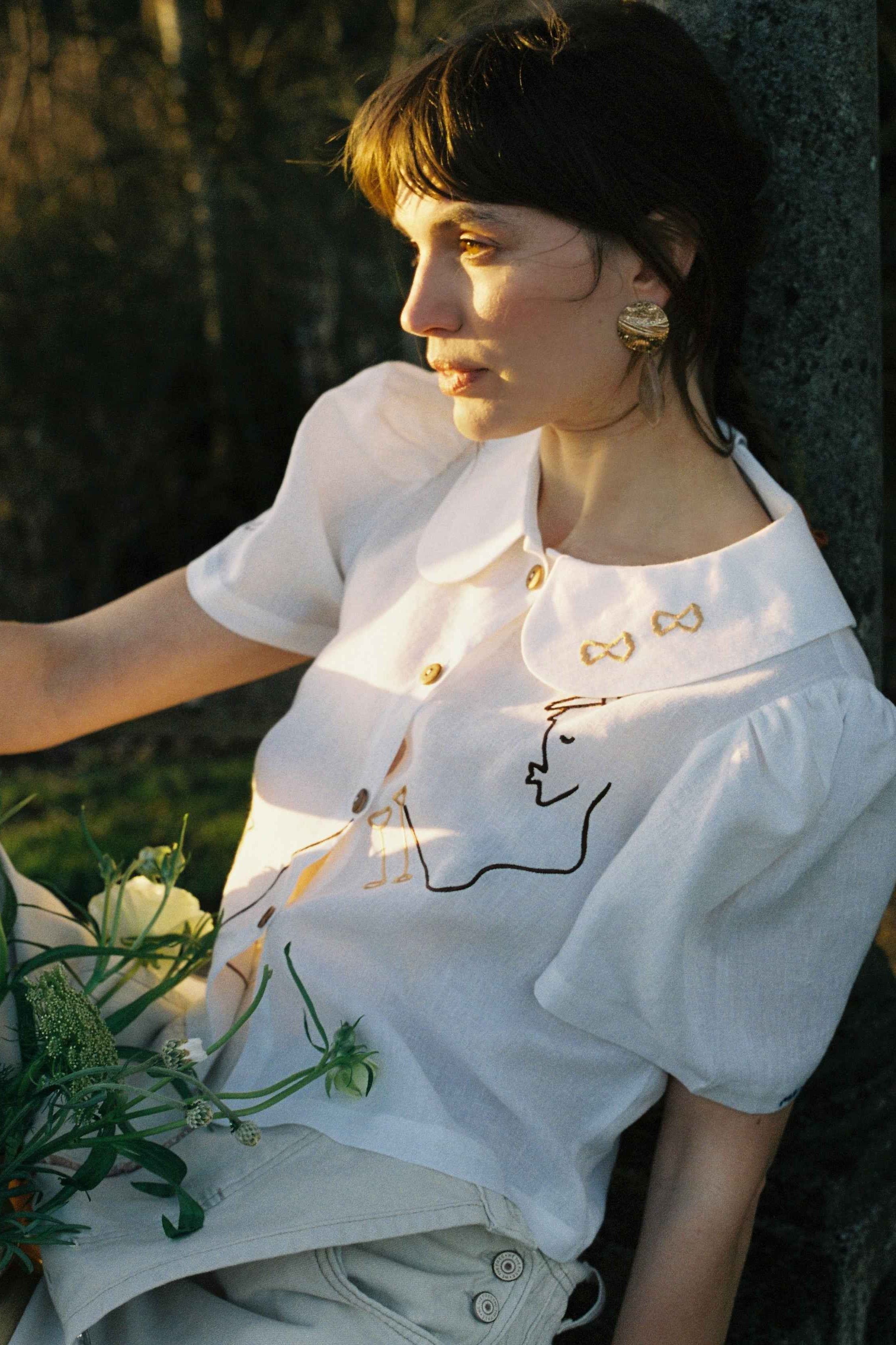 Eat Together Embroidered Frances Linen Blouse - White x Sshepaints - Made to Order