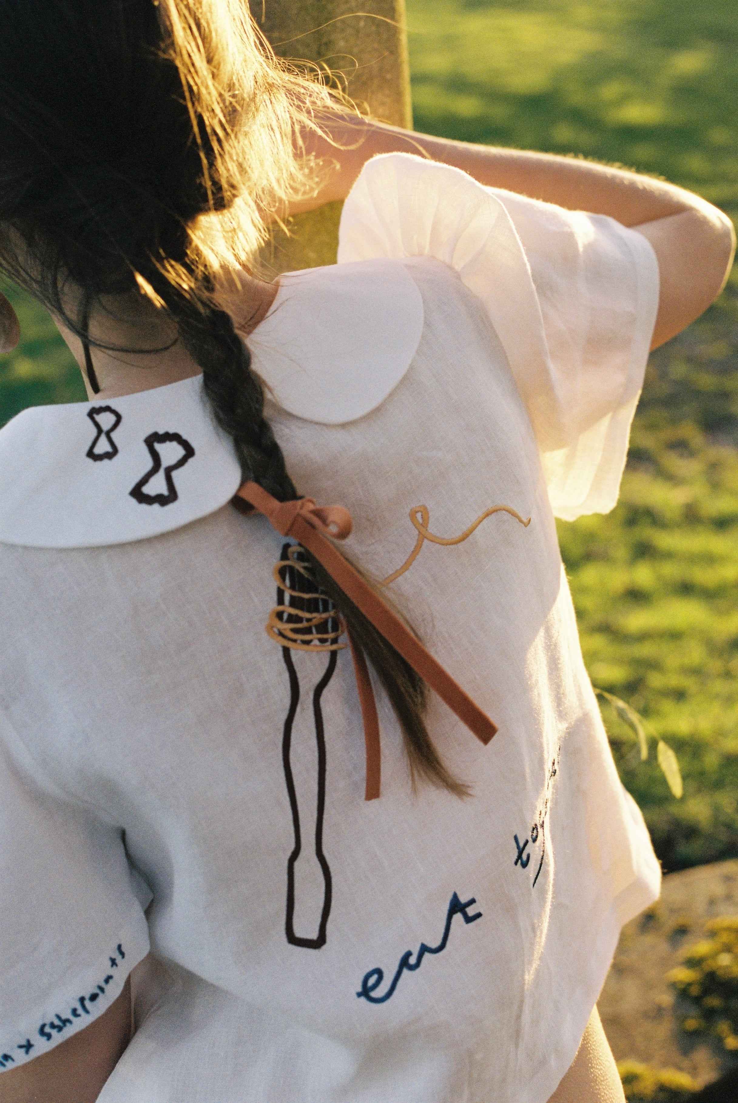Eat Together Embroidered Frances Linen Blouse - White x Sshepaints - Made to Order