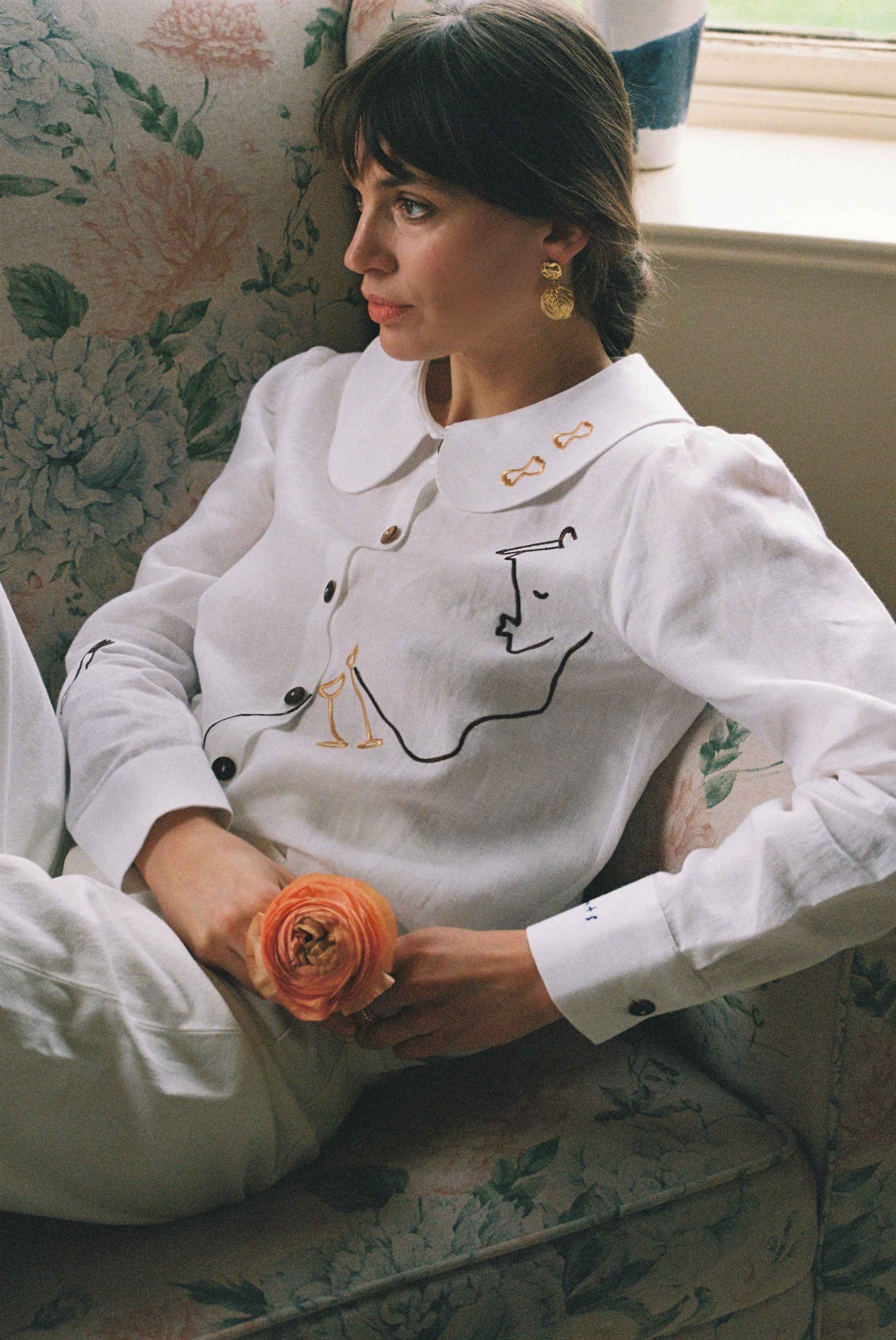 Eat Together Embroidered Claudine Linen Blouse - White x Sshepaints