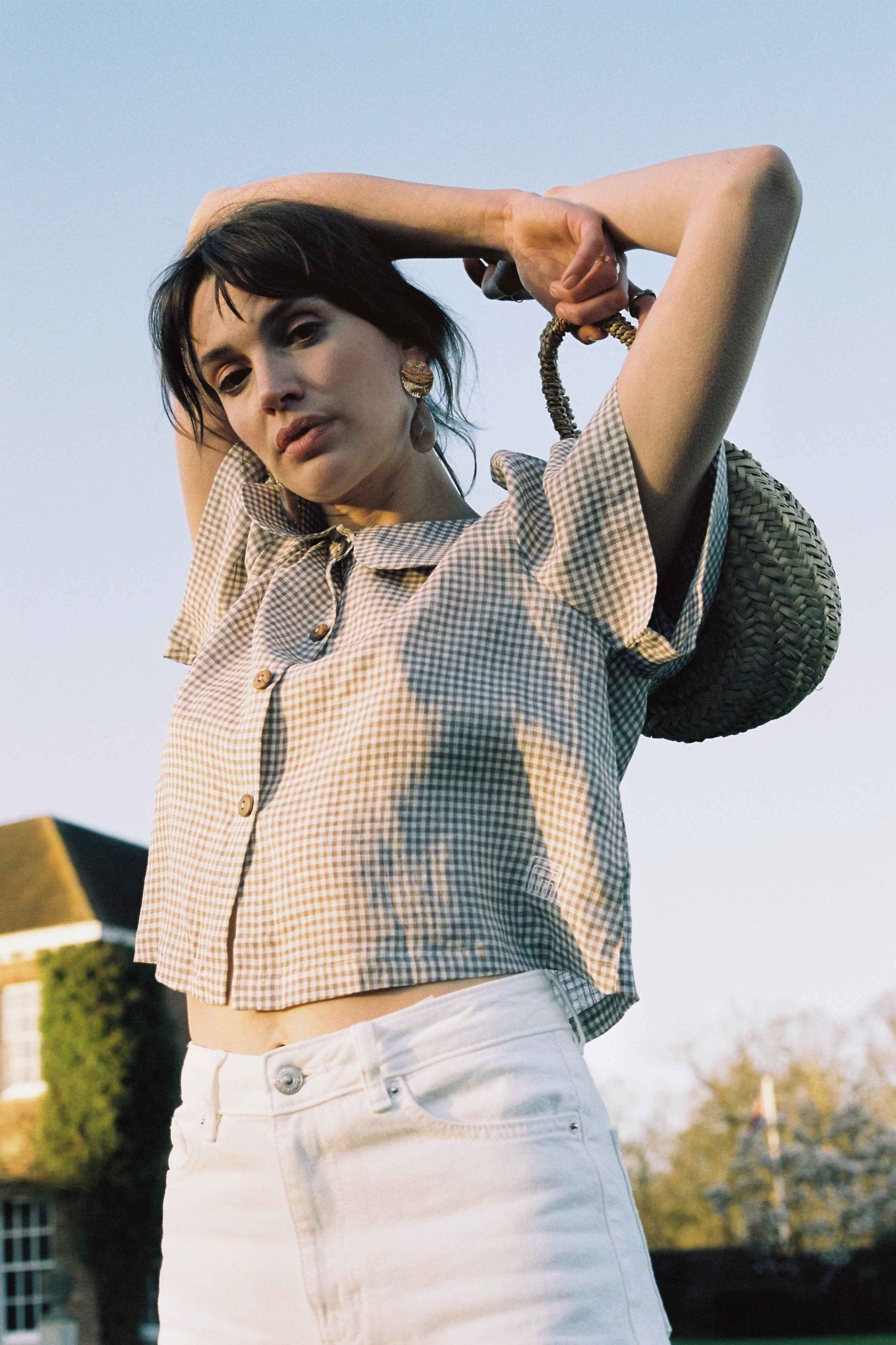 Frances Linen Cropped Blouse - Fawn Gingham