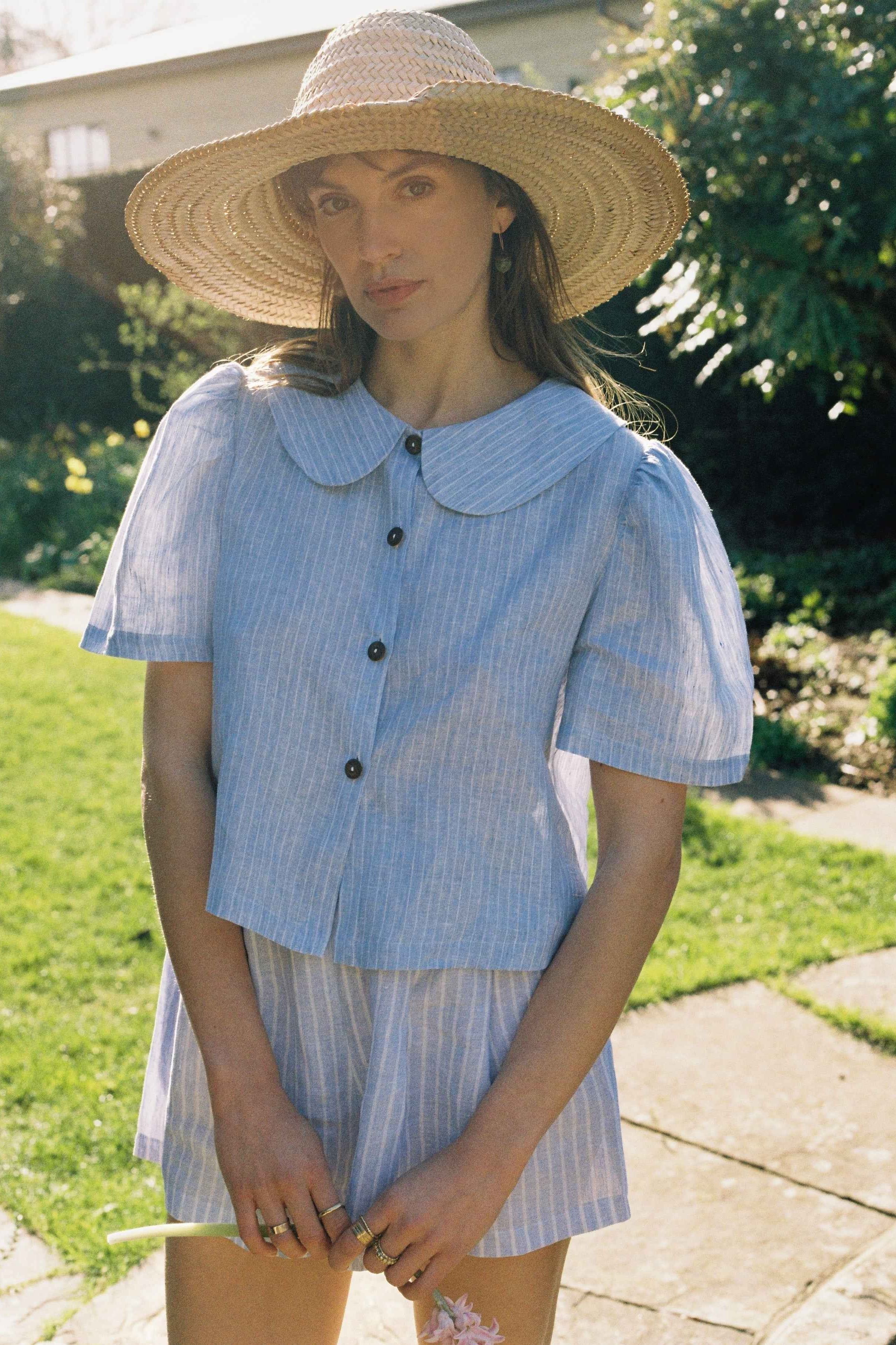 Frances Linen Cropped Blouse - Sky Blue Stripe