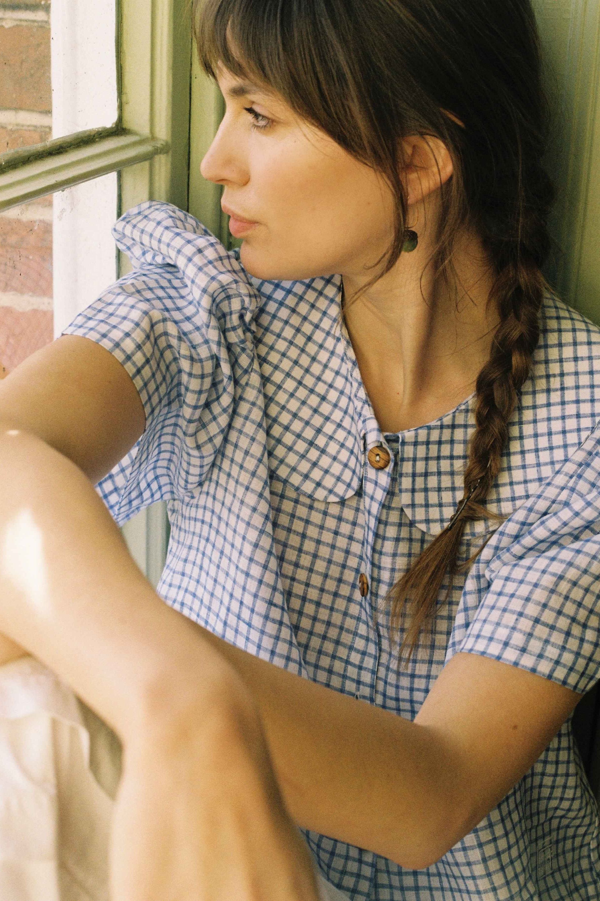 Frances Linen Cropped Blouse - Royal Blue Gingham