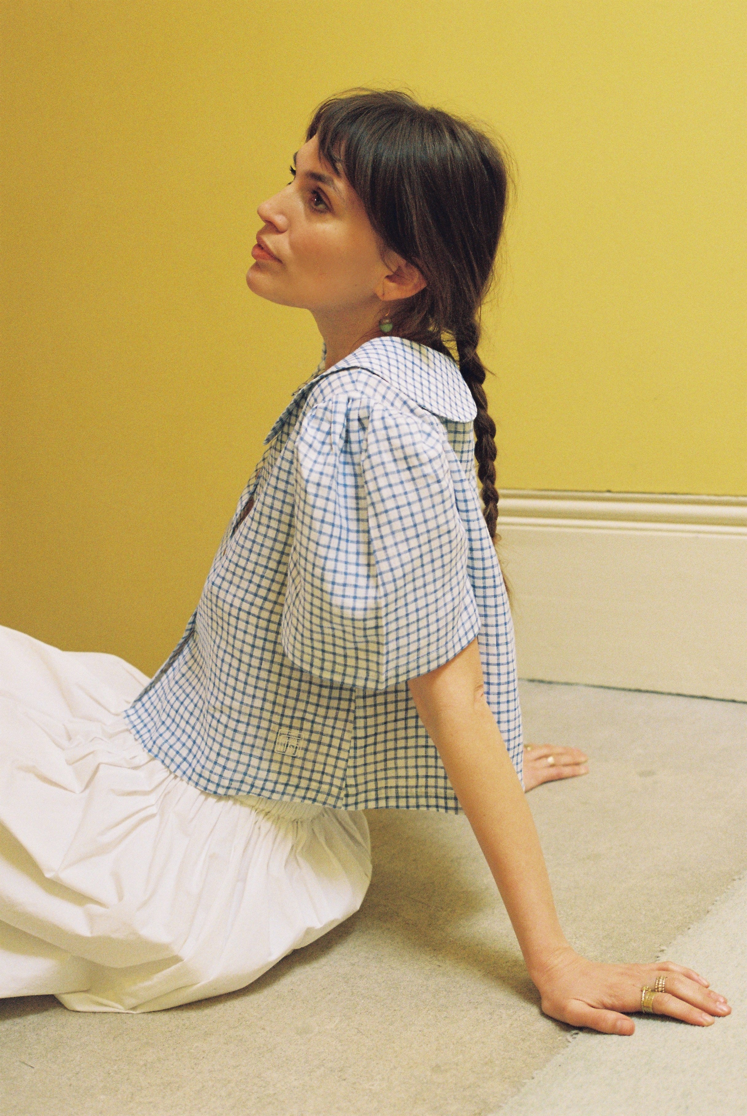 Frances Linen Cropped Blouse - Royal Blue Gingham