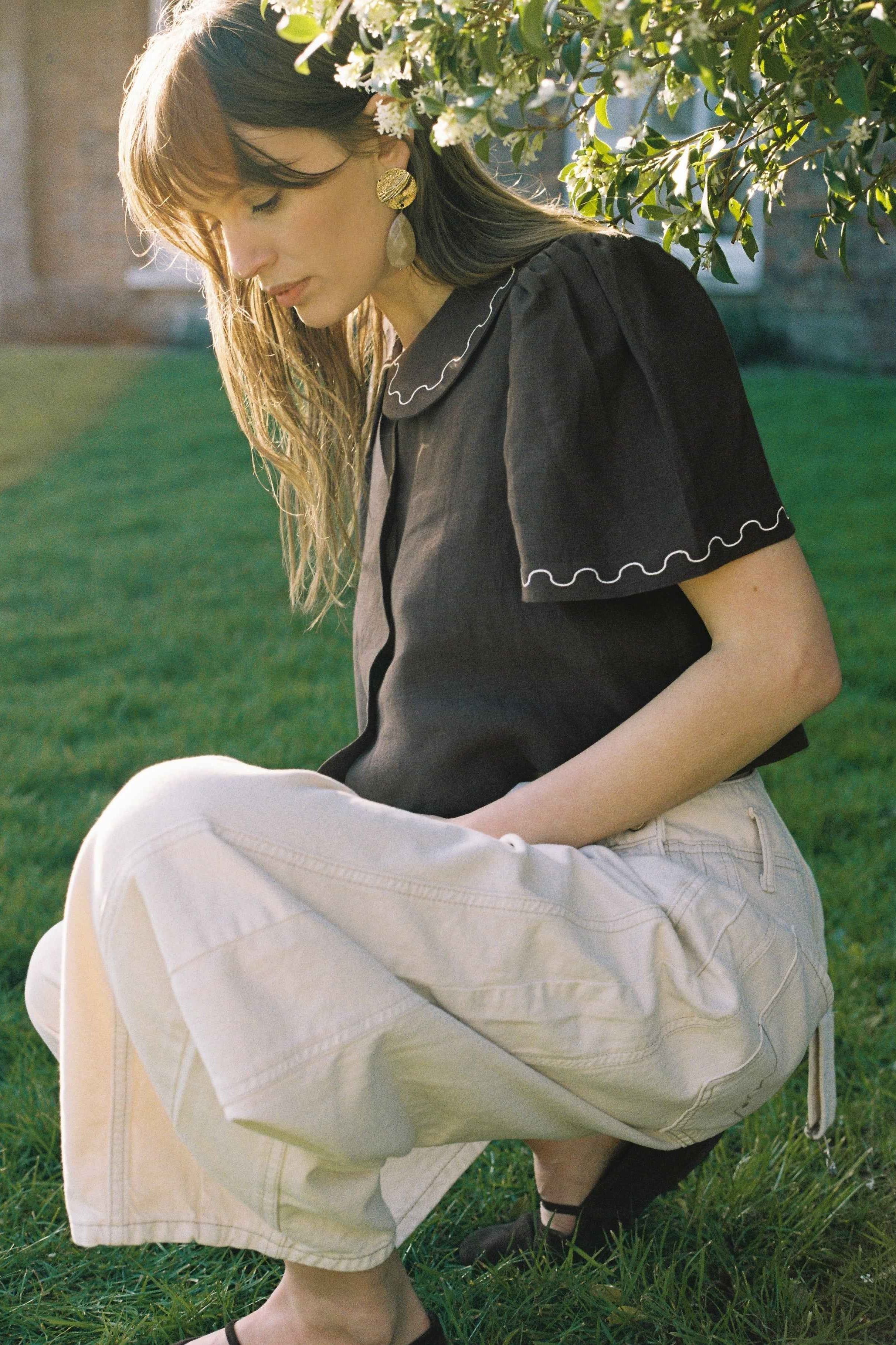 Frances Linen Cropped Blouse with Embroidered Trims - Chocolate