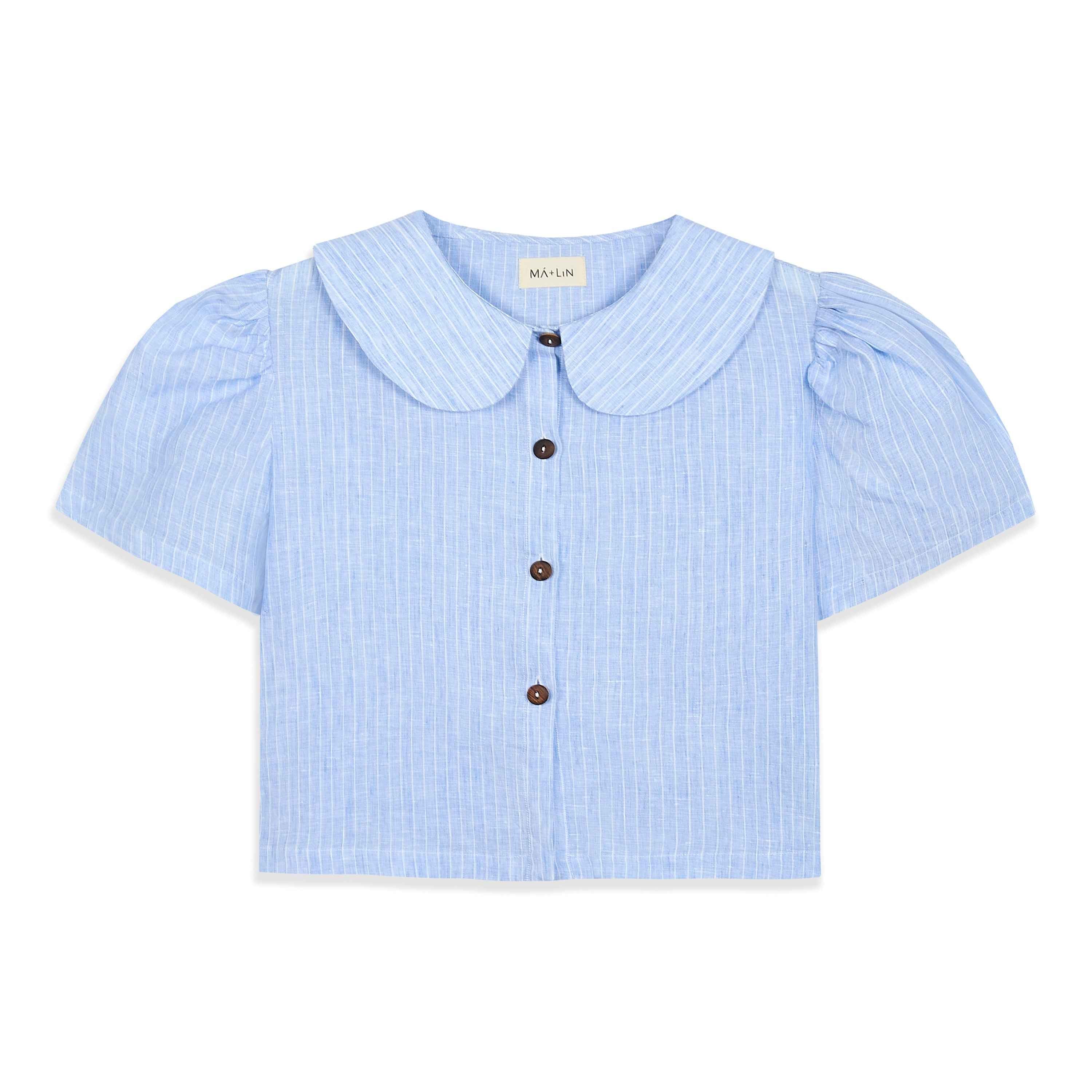Frances Linen Cropped Blouse - Sky Blue Stripe