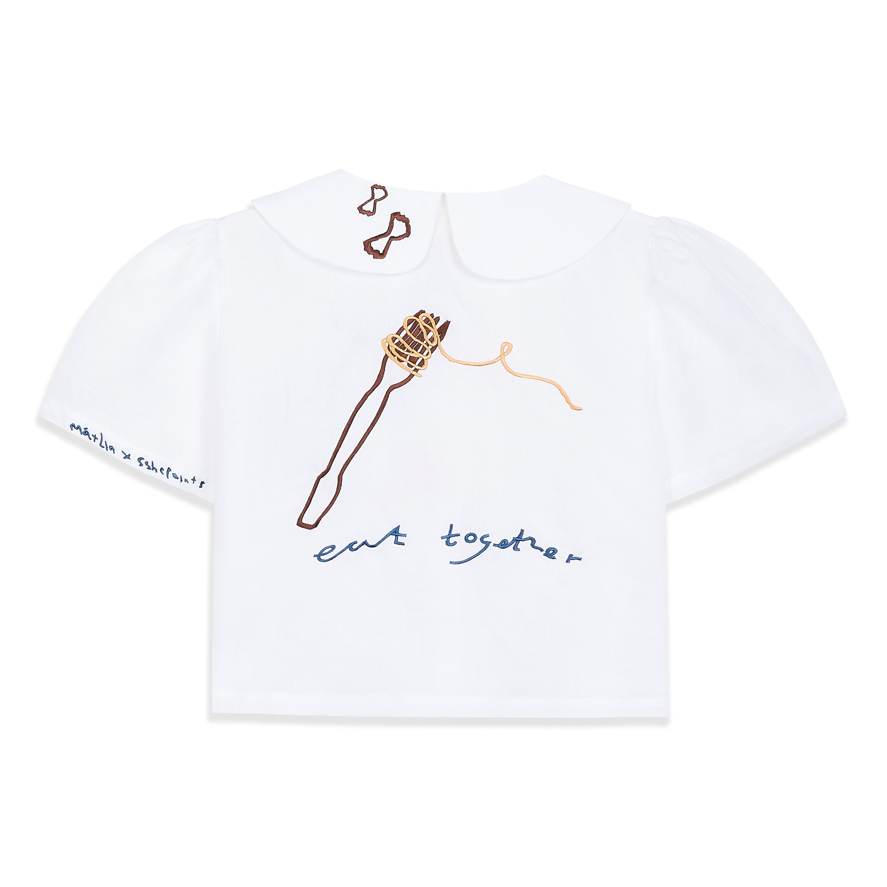 Eat Together Embroidered Frances Linen Blouse - White x Sshepaints - Made to Order