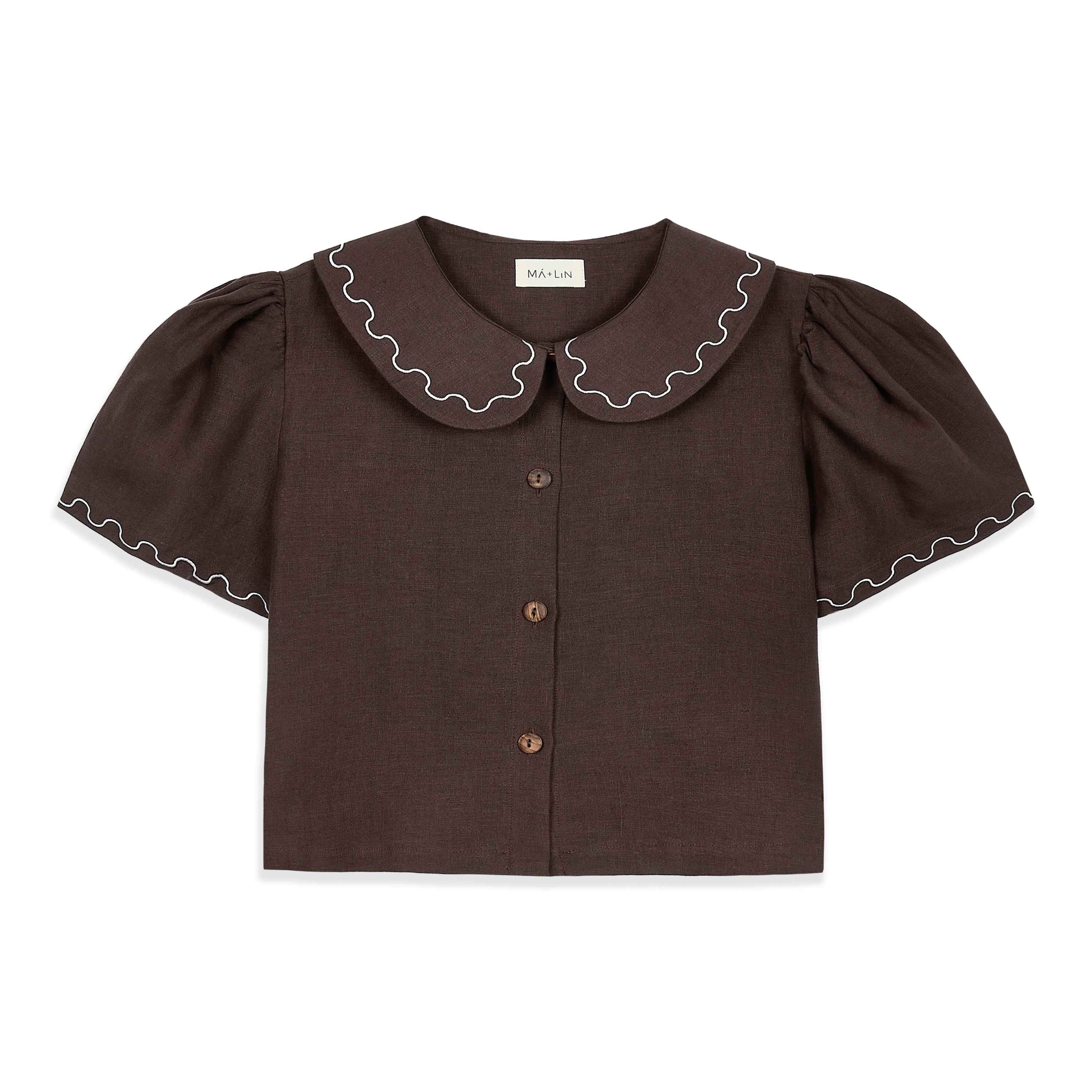 Frances Linen Cropped Blouse with Embroidered Trims - Chocolate