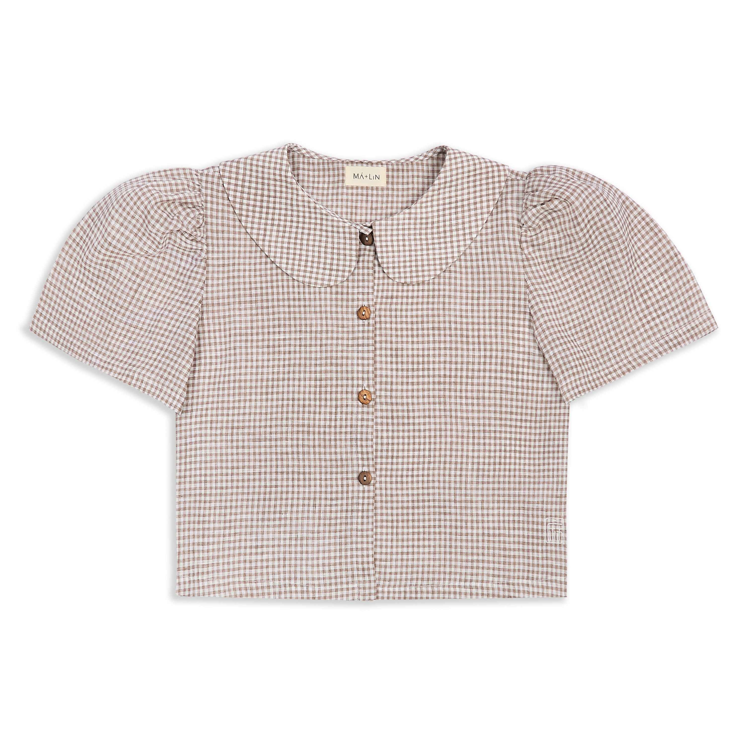 Frances Linen Cropped Blouse - Fawn Gingham