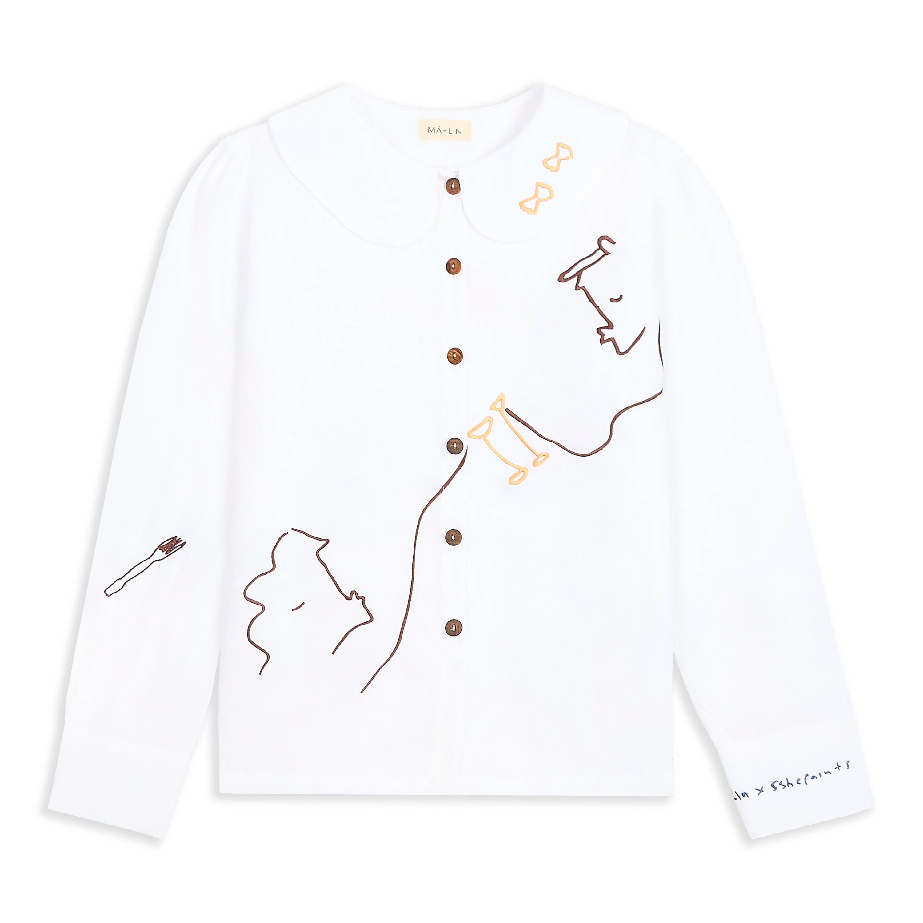 Eat Together Embroidered Claudine Linen Blouse - White x Sshepaints