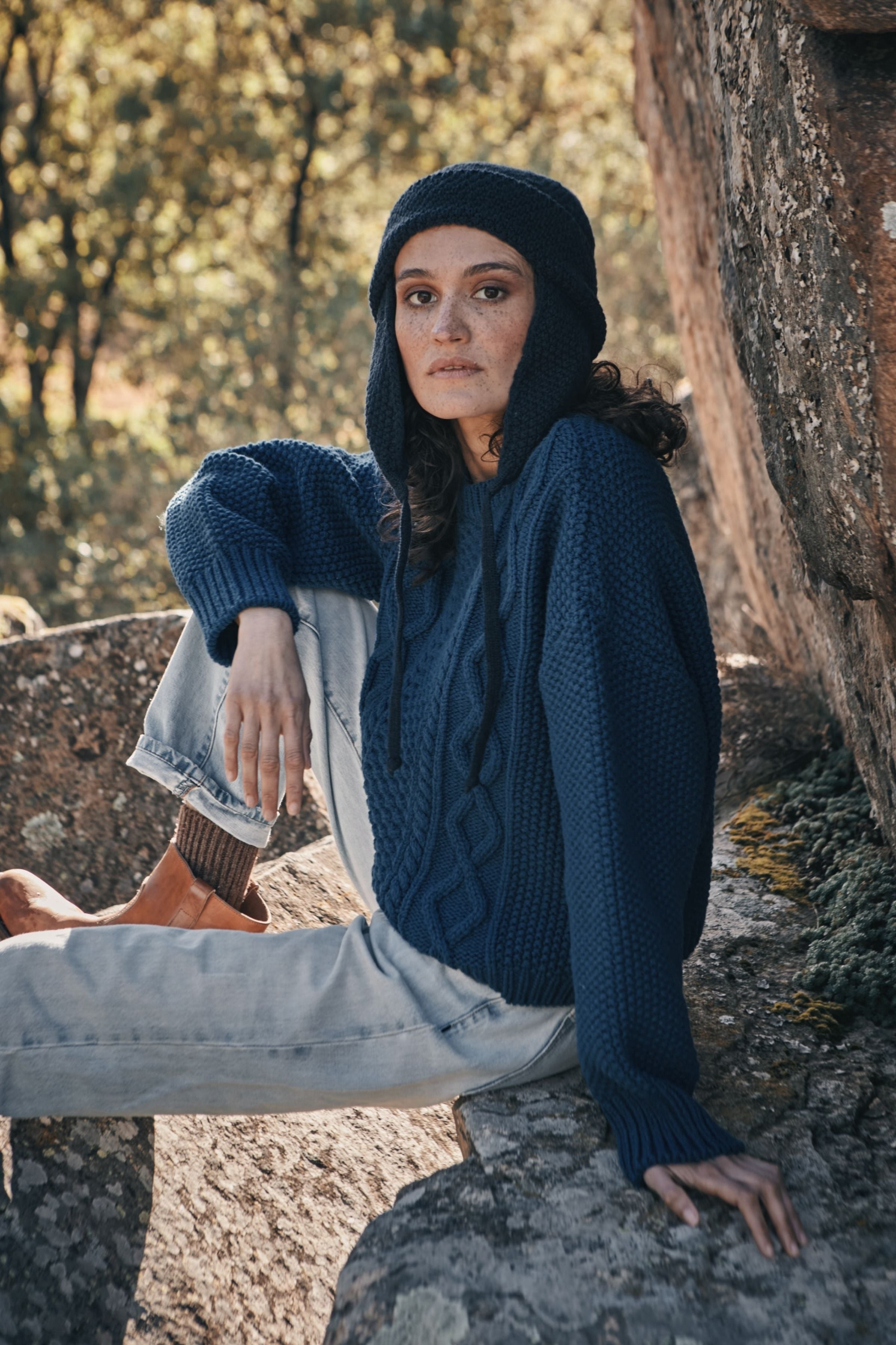 PAOLA Irish Cable Sweater in Merino Wool - Cobalt Blue