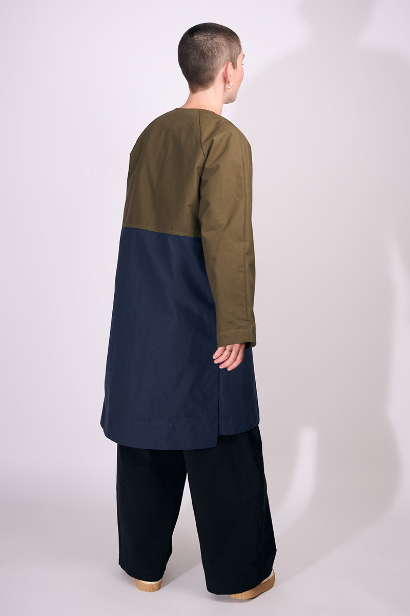 Waxed Cotton Overcoat || Dark Olive & Midnight Blue
