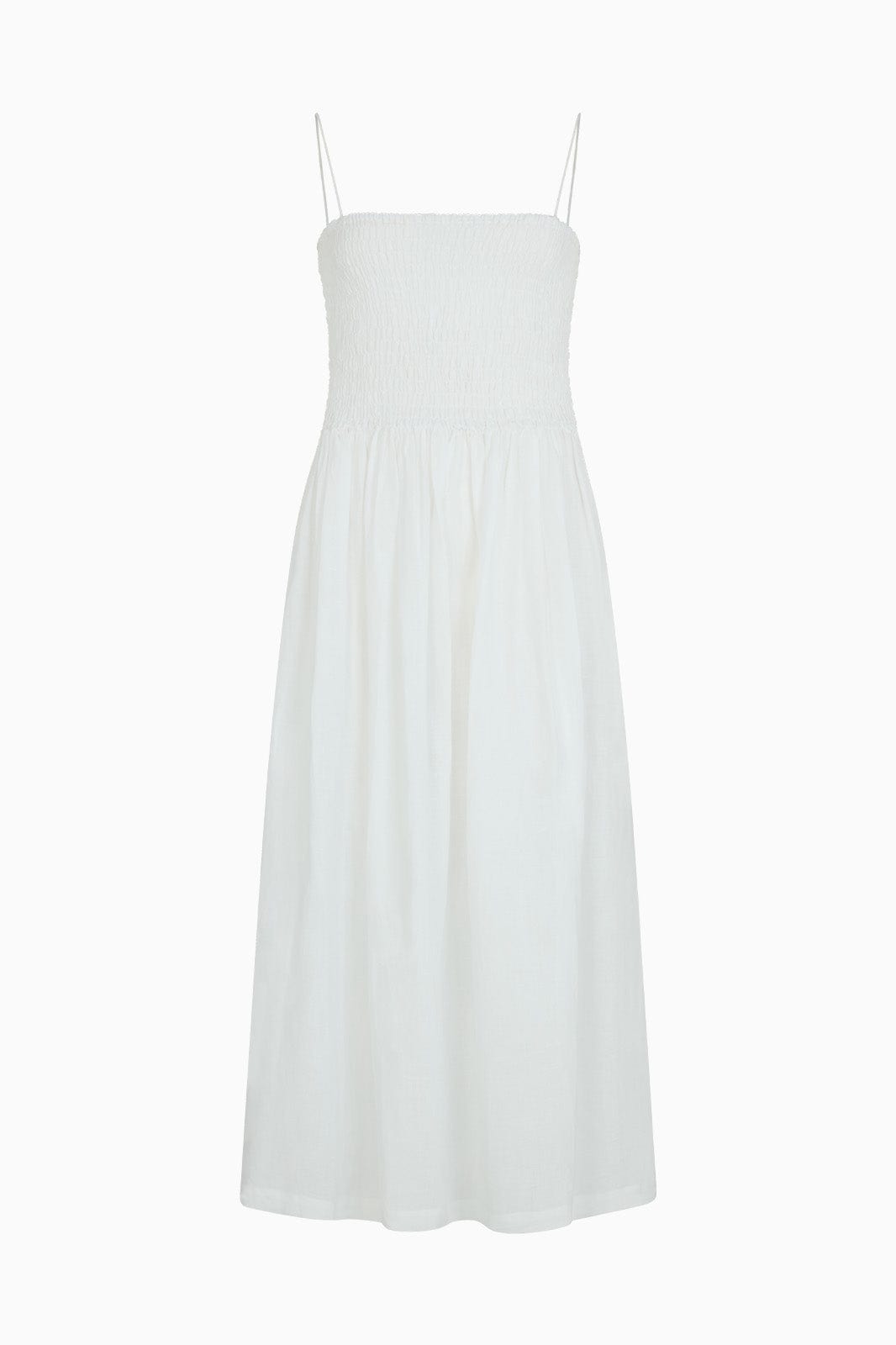 The Harlow Smocked Maxi Dress in white