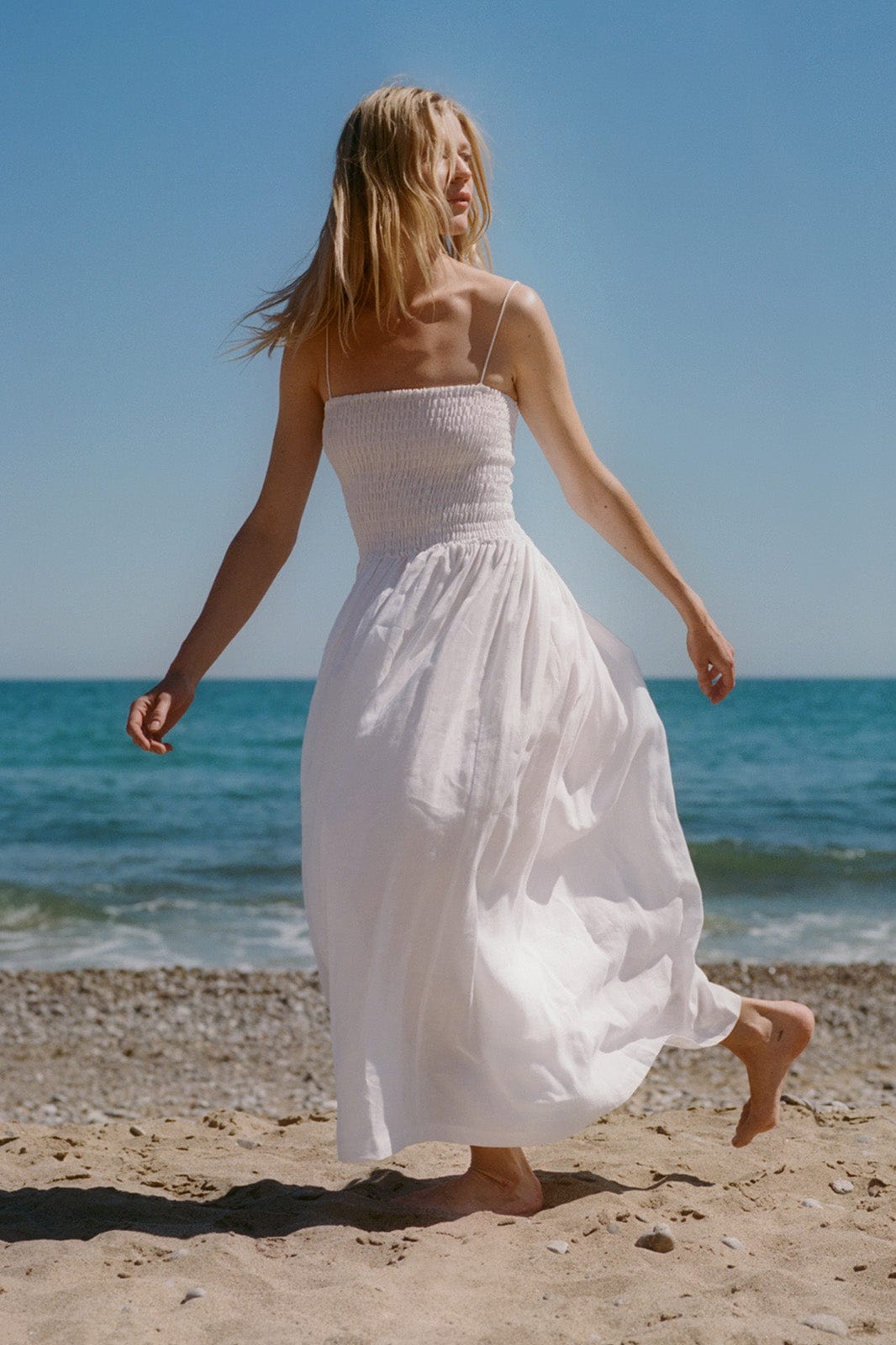 The Harlow Smocked Maxi Dress in white