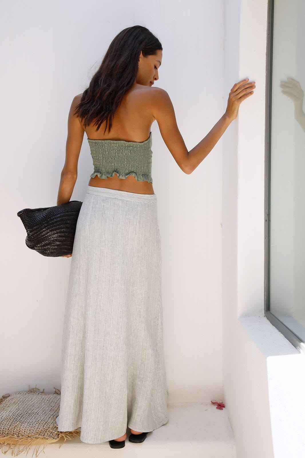 The Arabella Bias-Cut Maxi Skirt in striped olive green