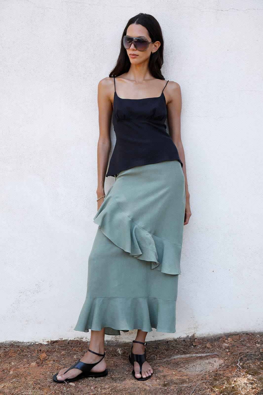 The Carrie Ruffled Maxi Skirt in olive green