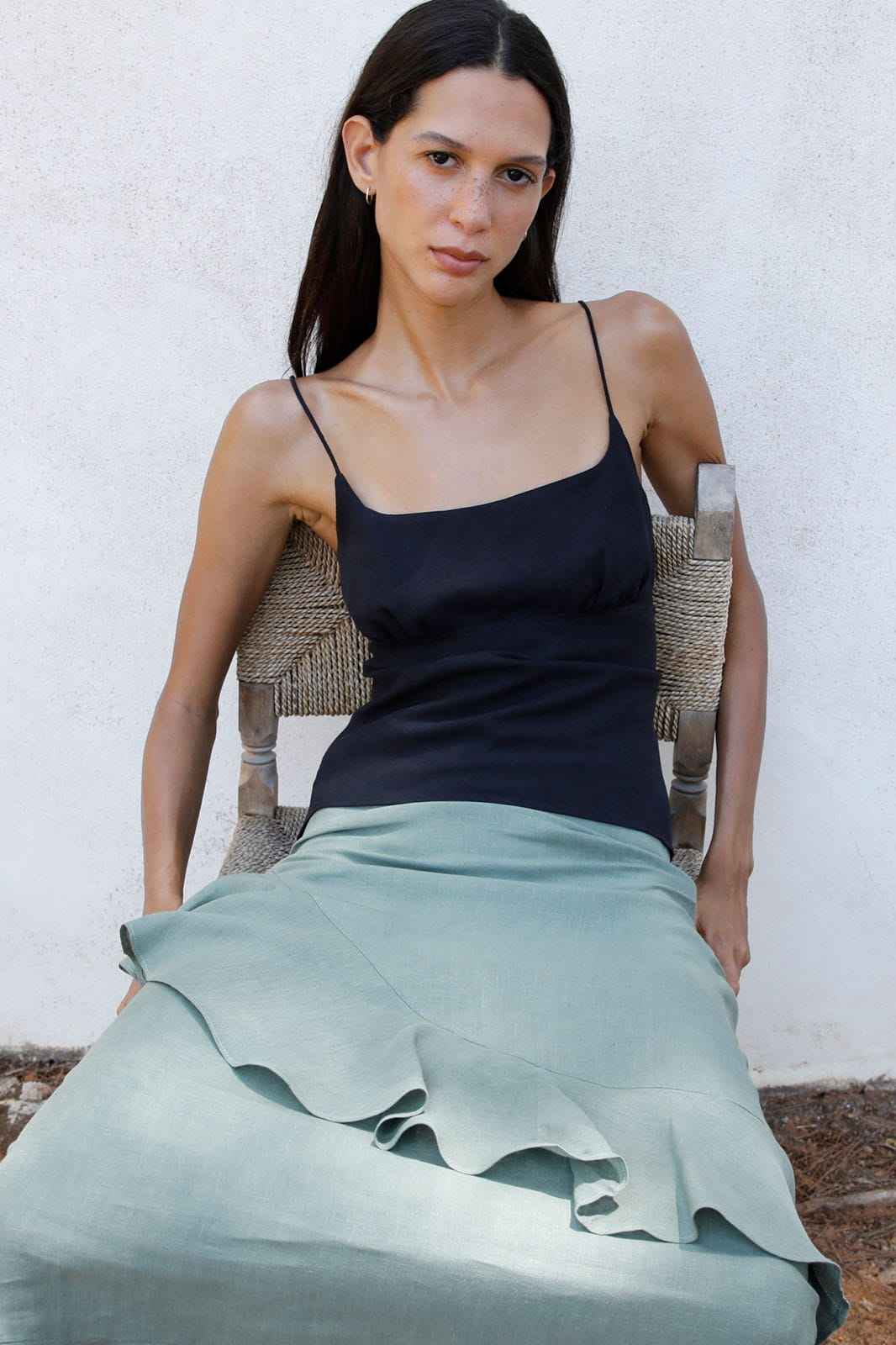 The Carrie Ruffled Maxi Skirt in olive green