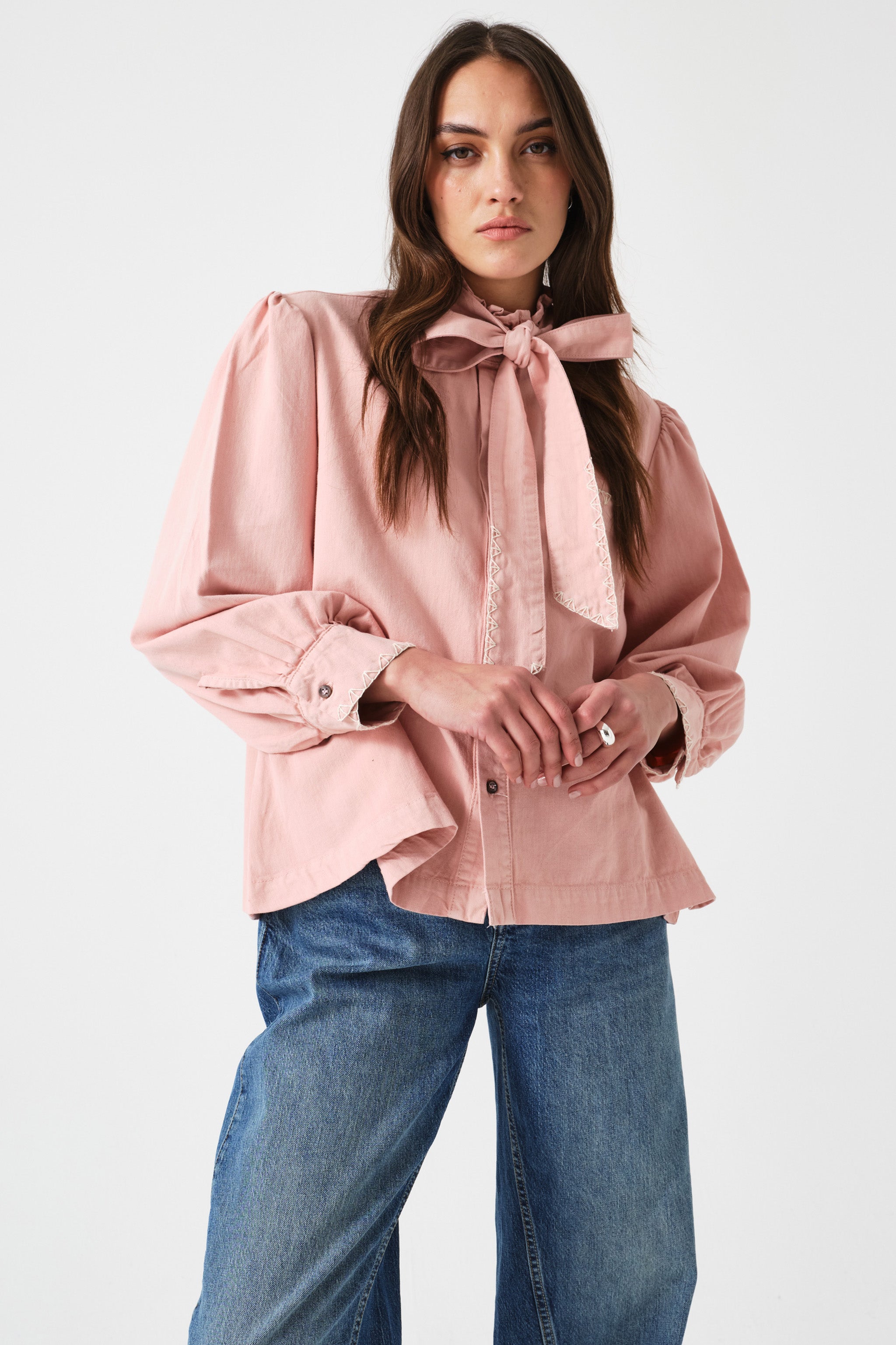 Poet Pussybow Denim Blouse in Peony Pink - seventy + mochi