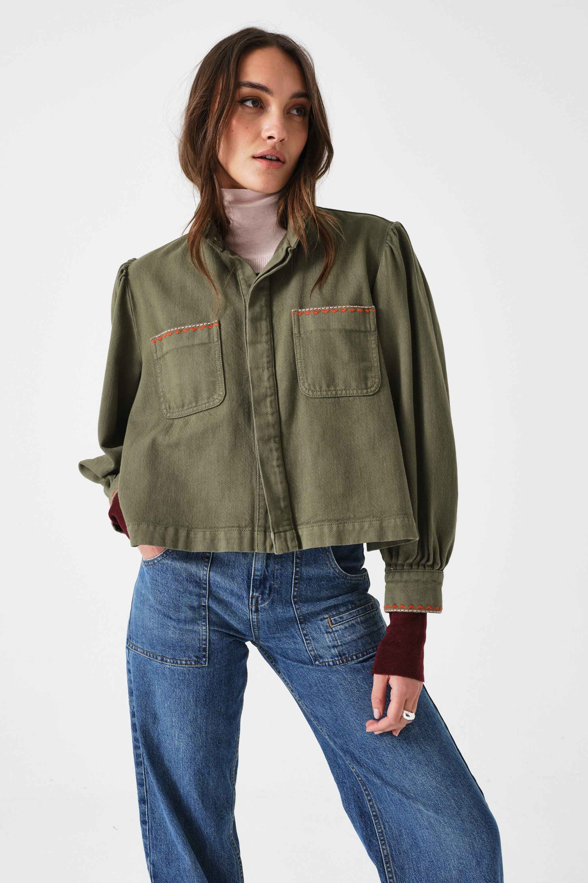 Ziggy Cropped Denim Jacket in Khaki