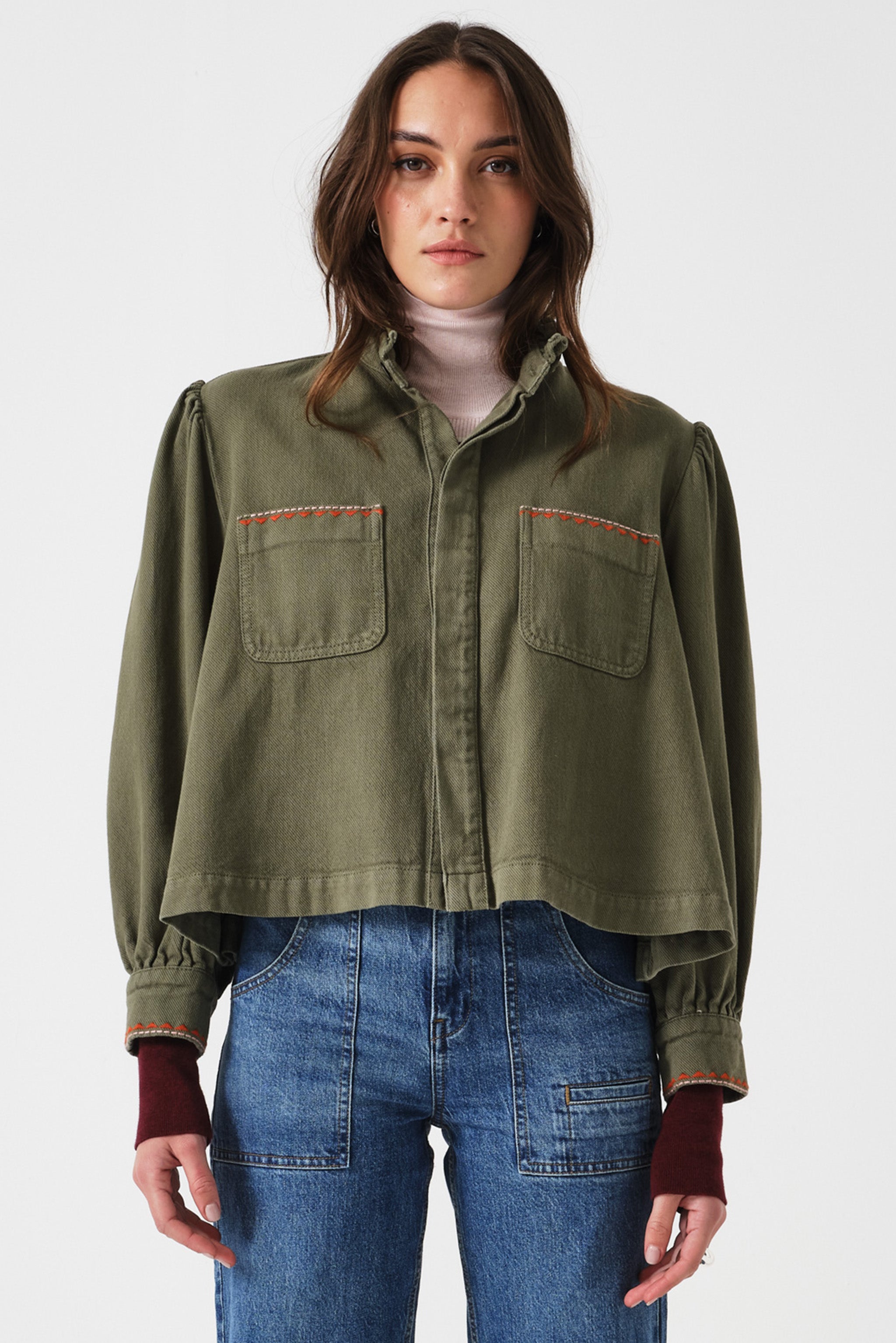 Ziggy Cropped Denim Jacket in Khaki - seventy + mochi