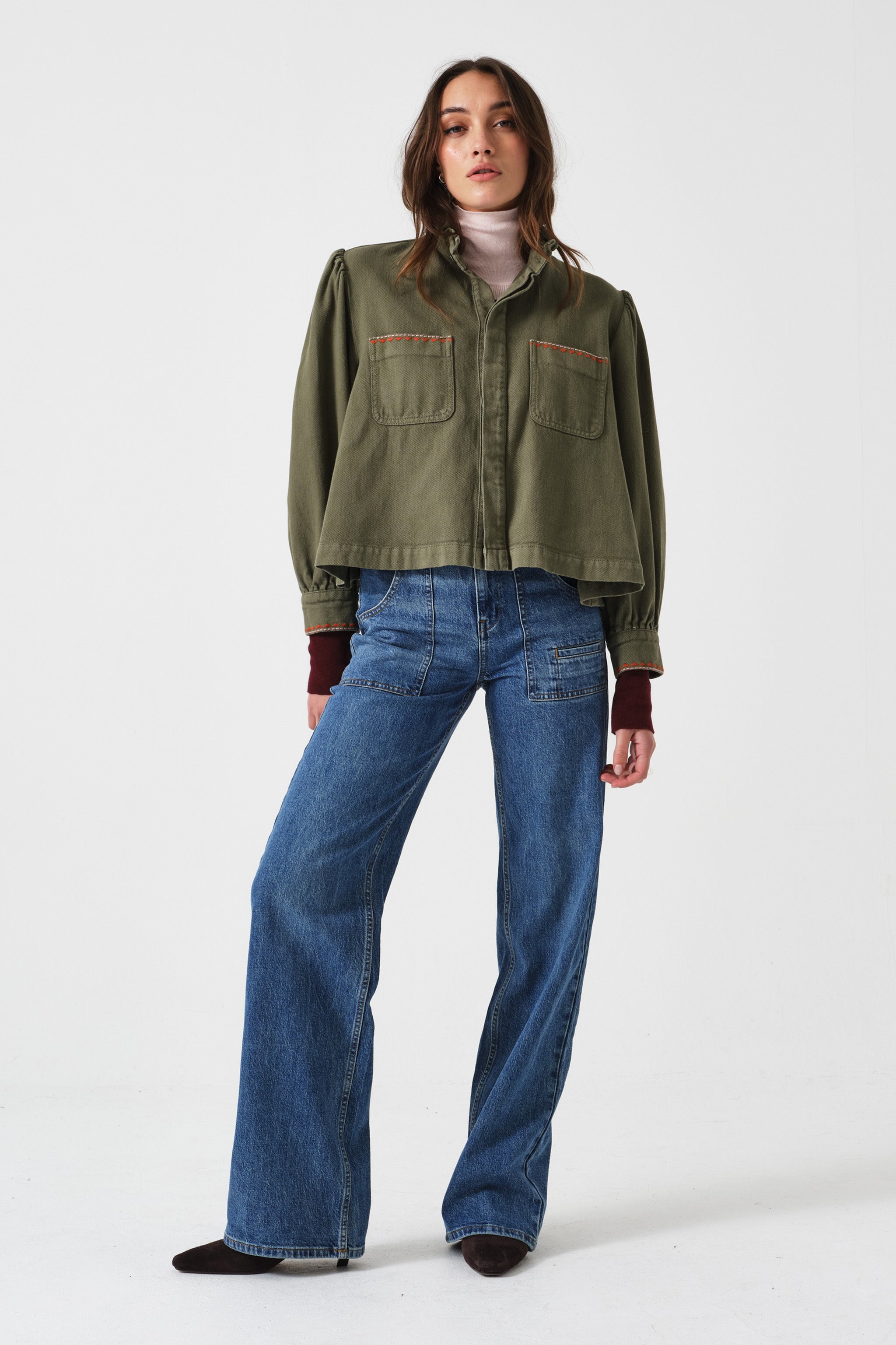 Ziggy Cropped Denim Jacket in Khaki - seventy + mochi