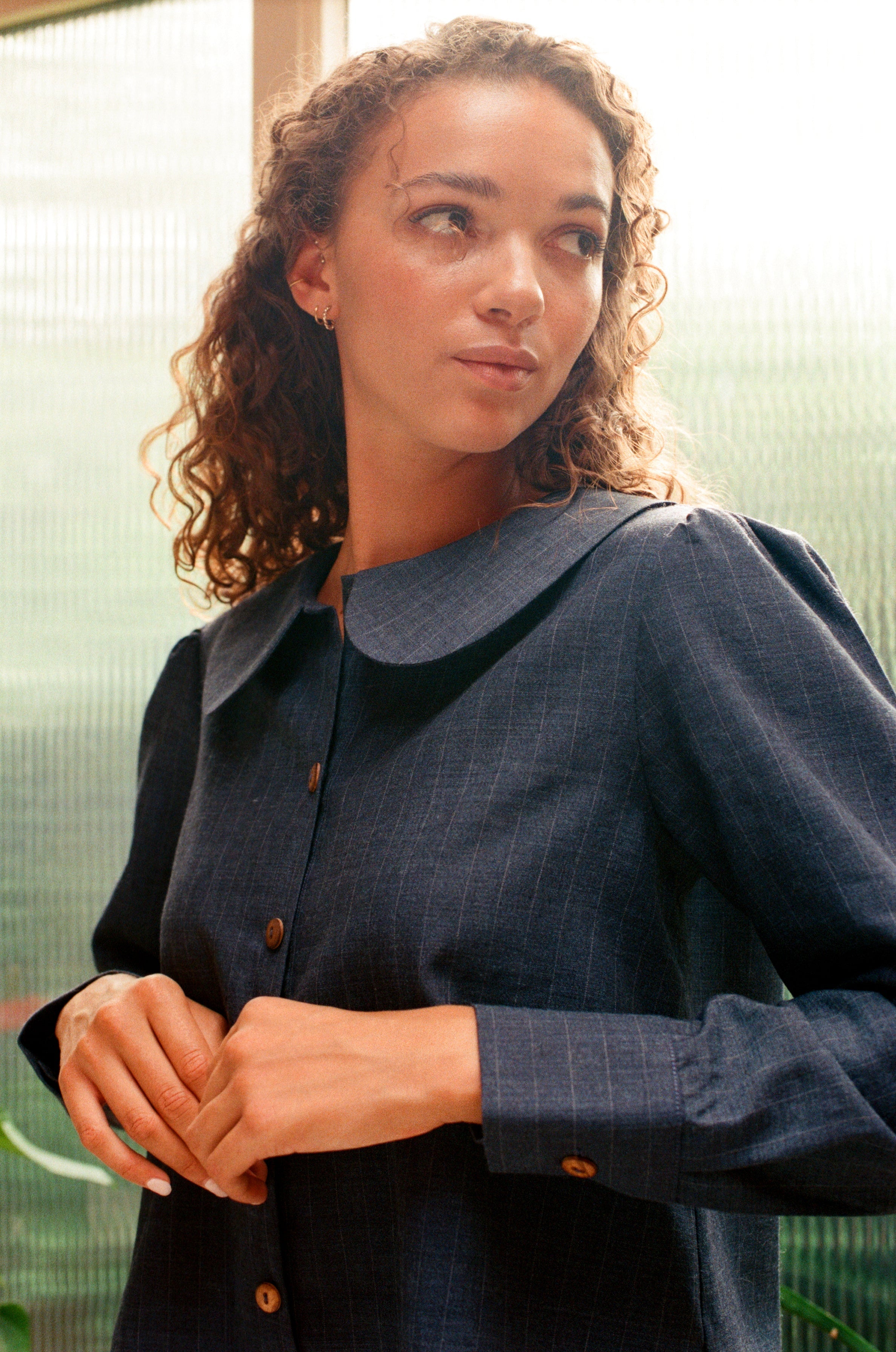 Claudine Wool Linen Overshirt  - Navy Pinstripe