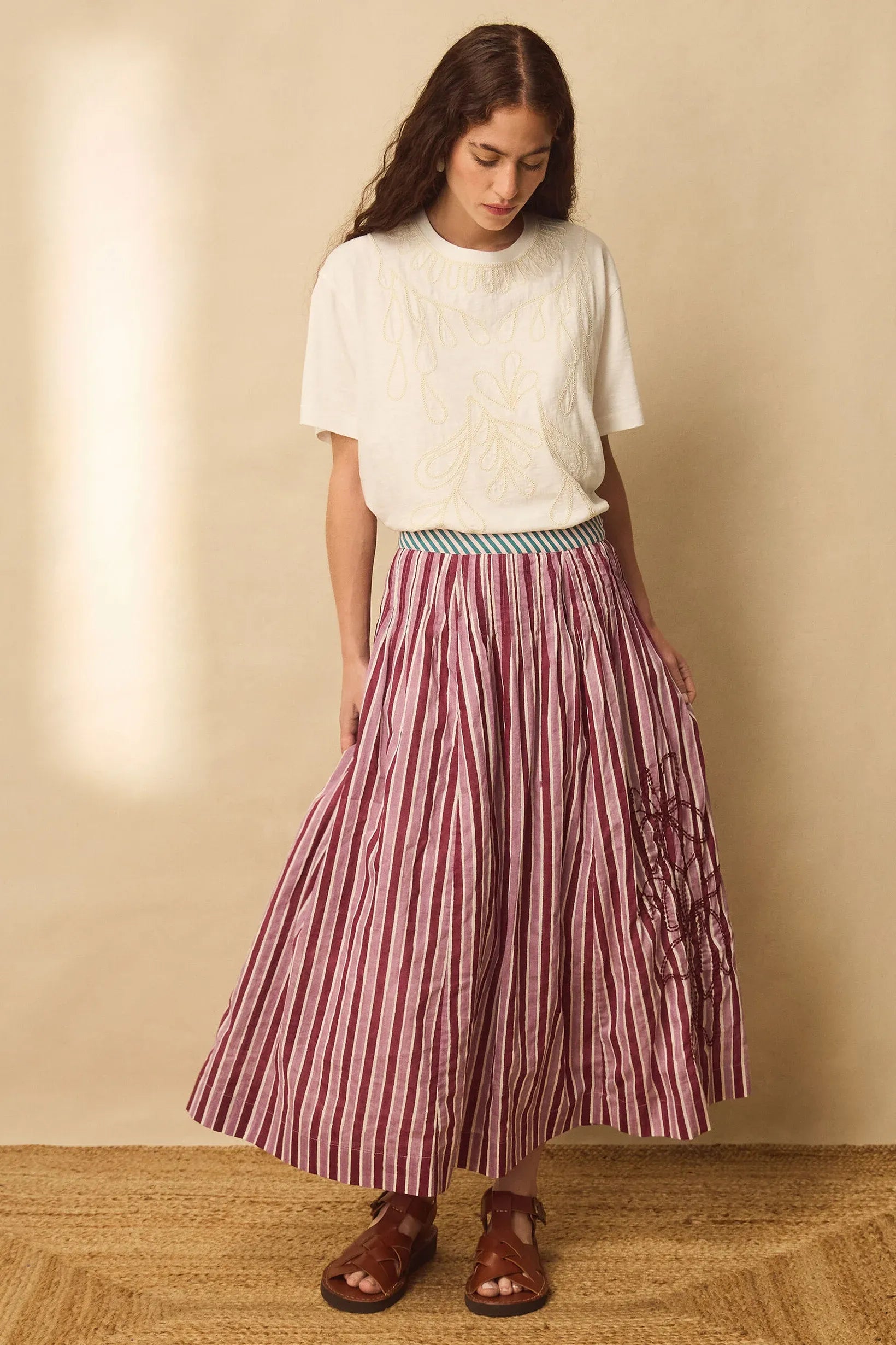 East Vika Hand-Woodblock Stripe Maxi Skirt Red