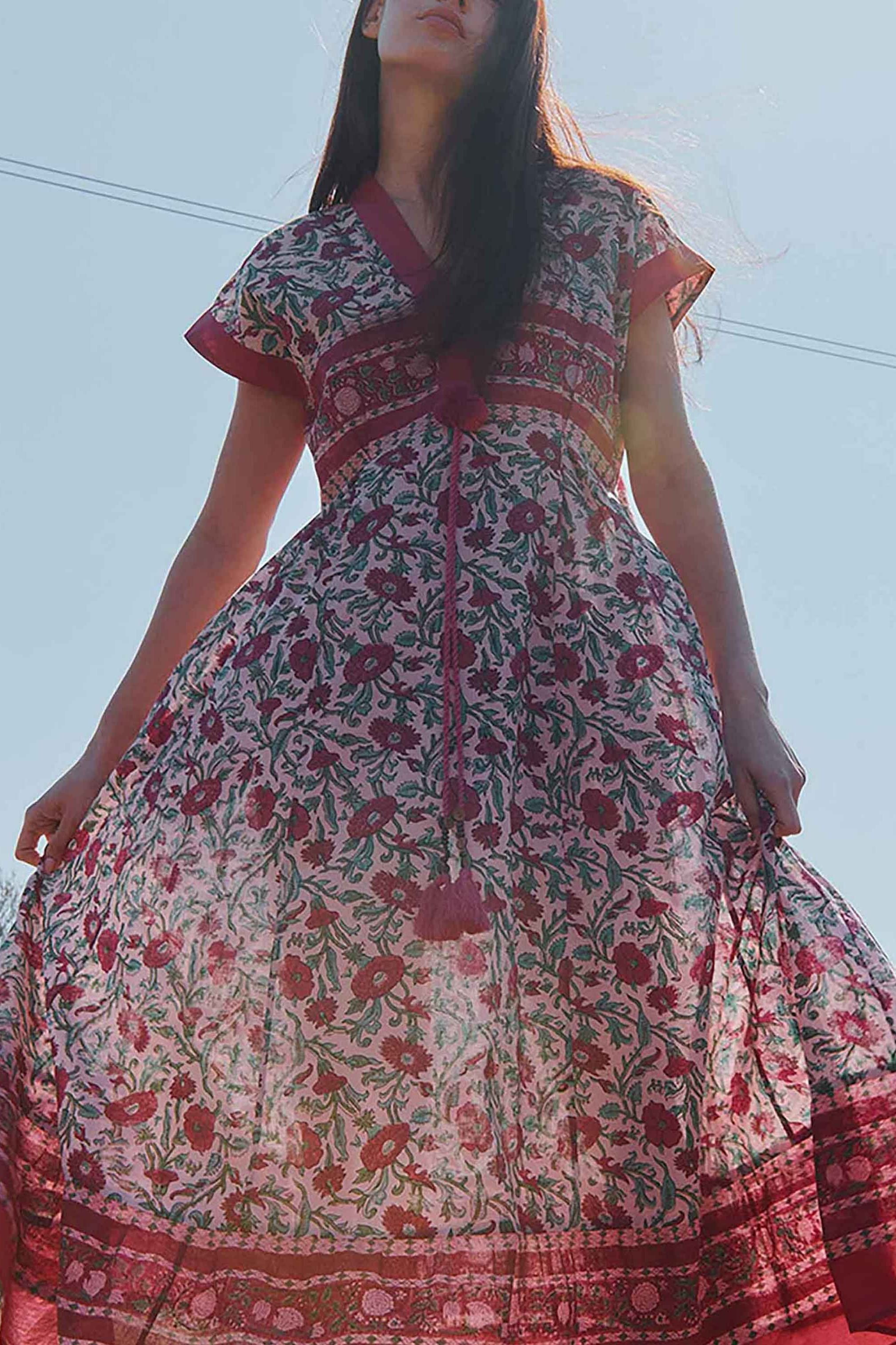 East Lessi Hand-Woodblock Border Print Dress Red