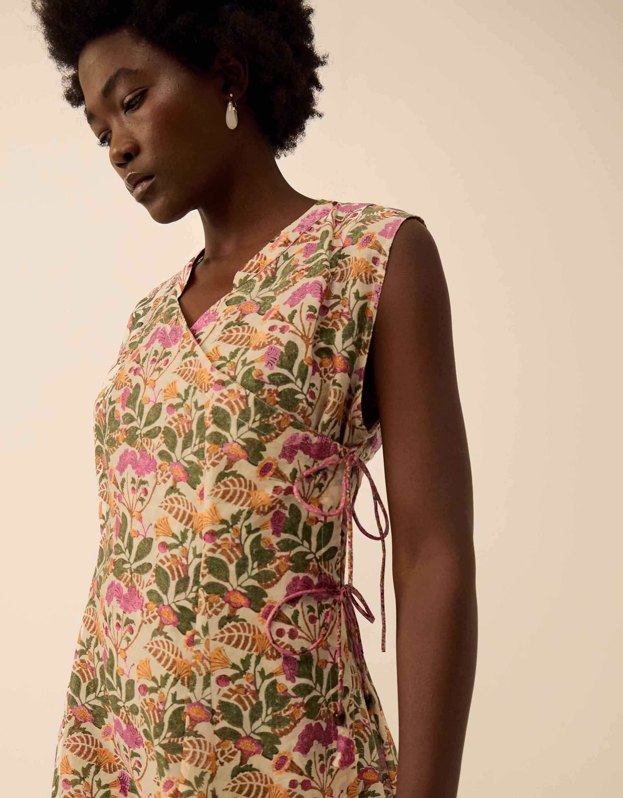 Aurelie Hand-Woodblock Botanical Print Dress Multi