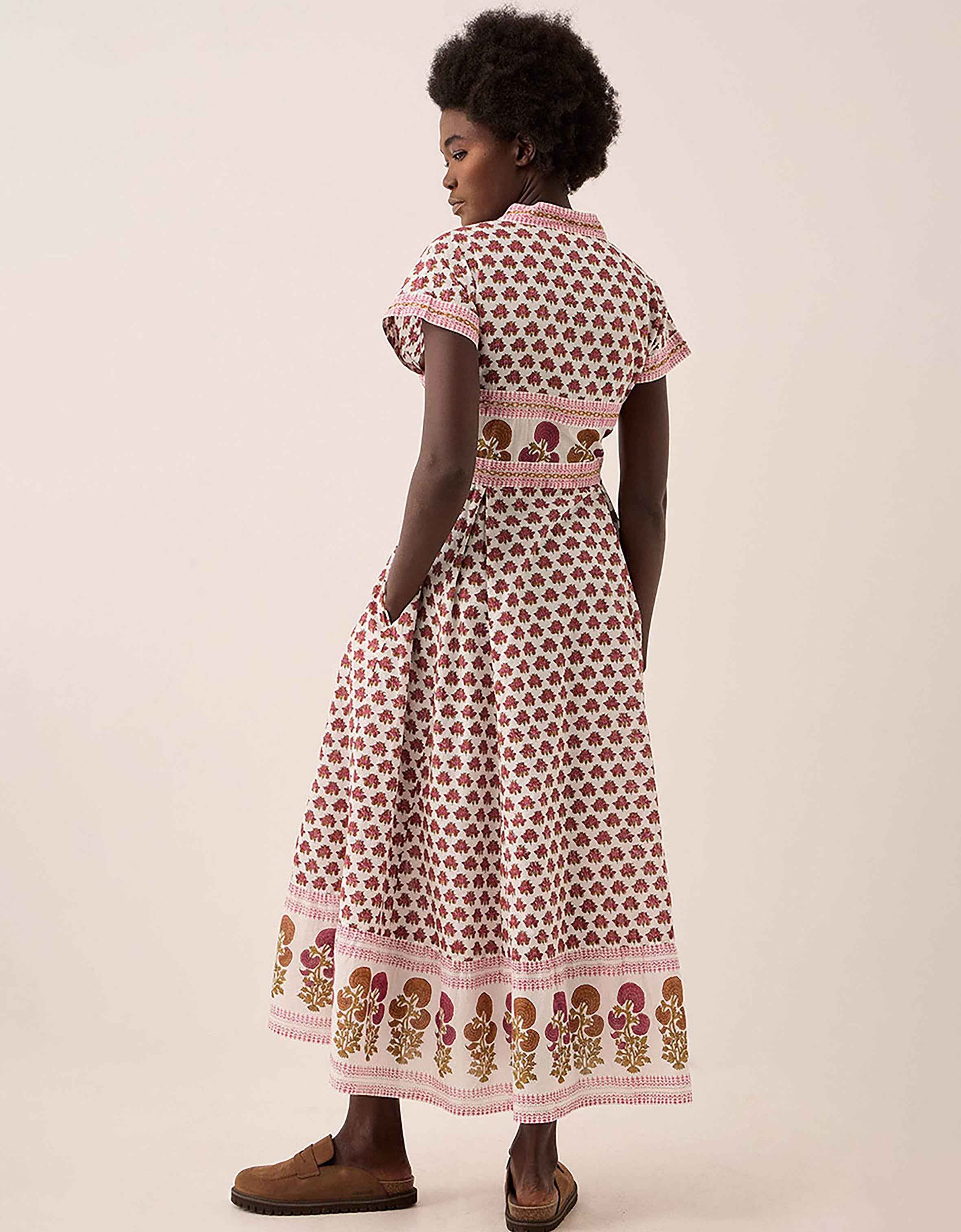 Karmen Hand Woodblock Cotton Dress Pink