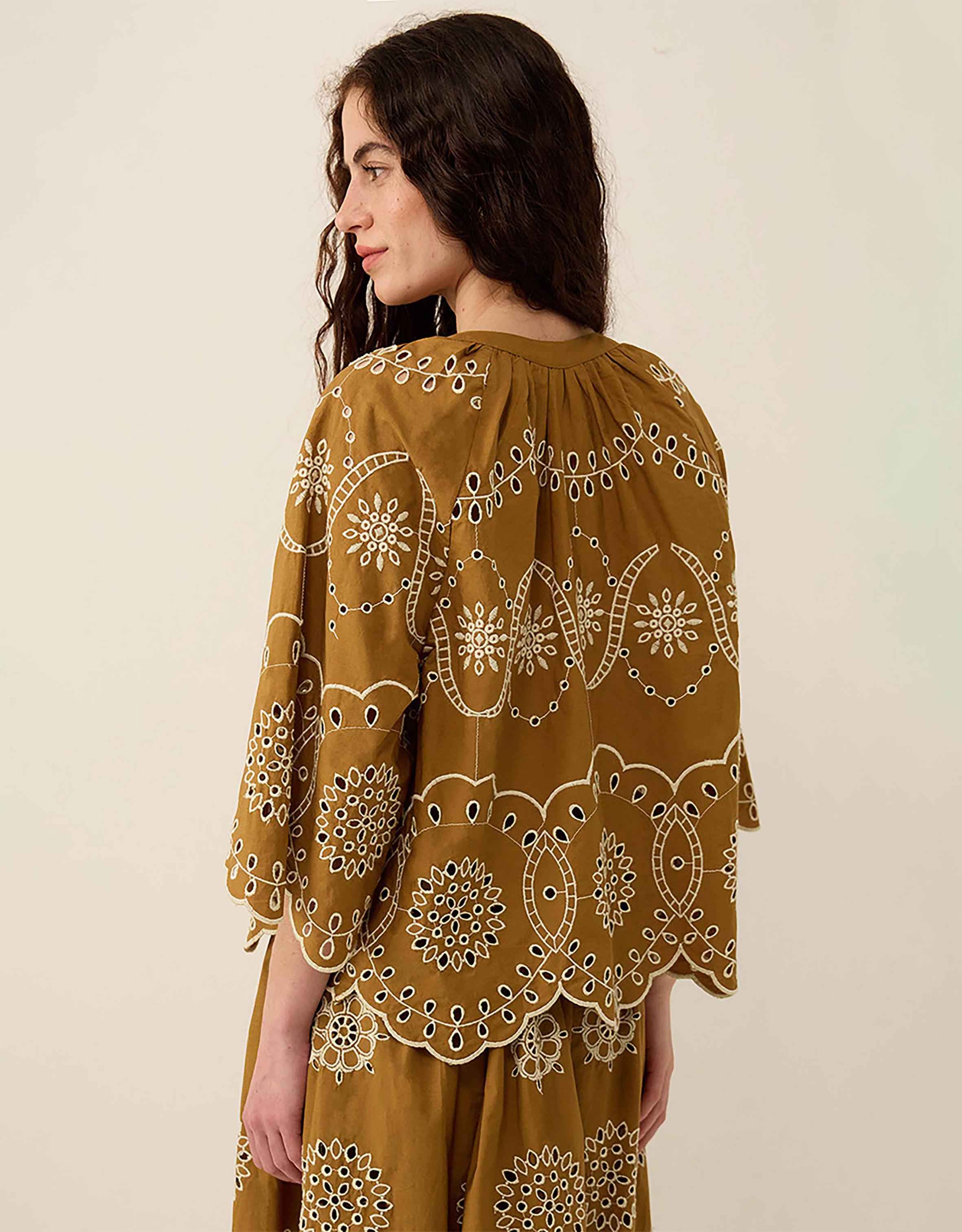 Leni Floral Broderie Cotton Poplin Top Green