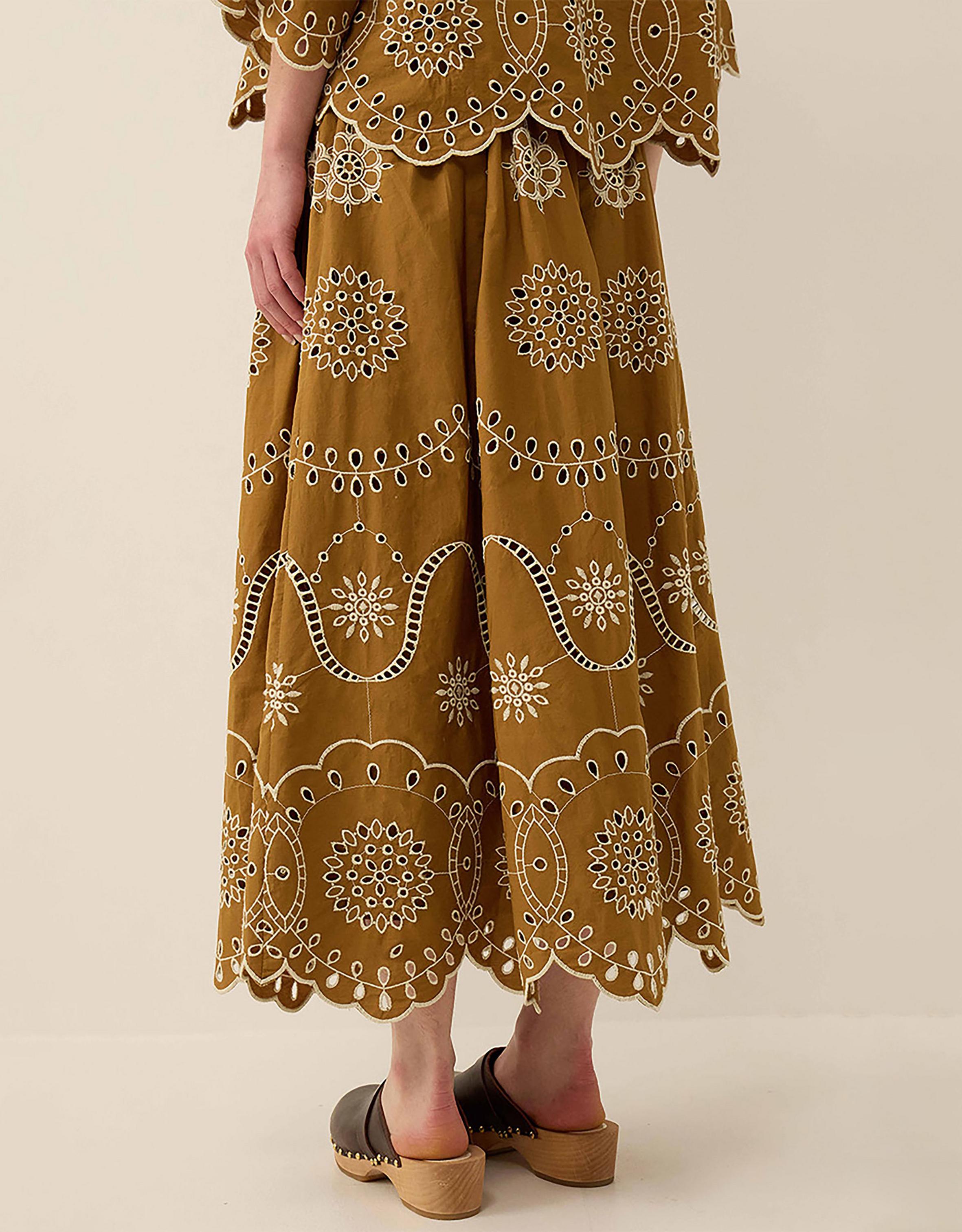 Leni Floral Broderie Cotton Poplin Skirt Green