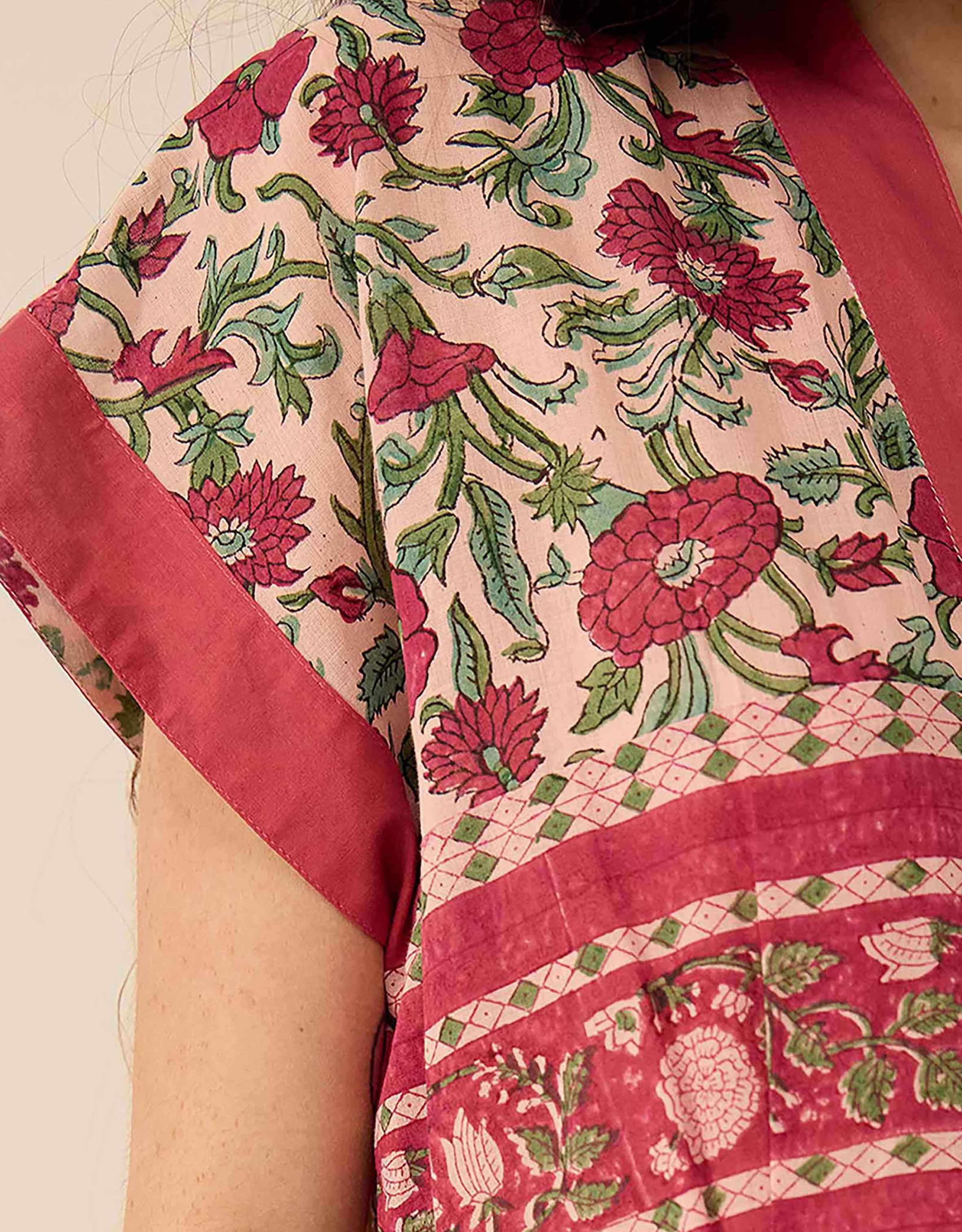 East Lessi Hand-Woodblock Border Print Dress Red