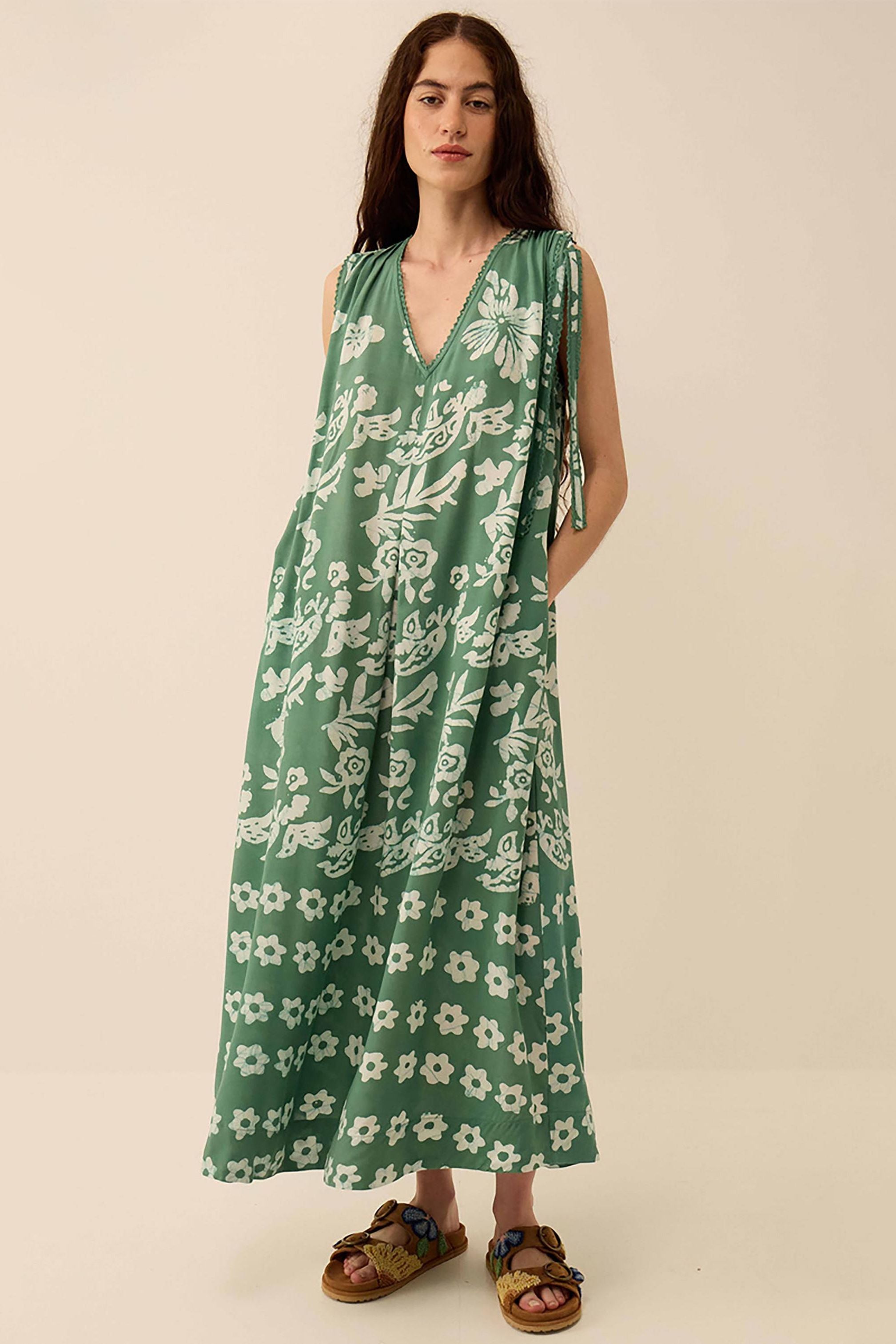 East Aggie Hand-Batik Floral Green Dress Green